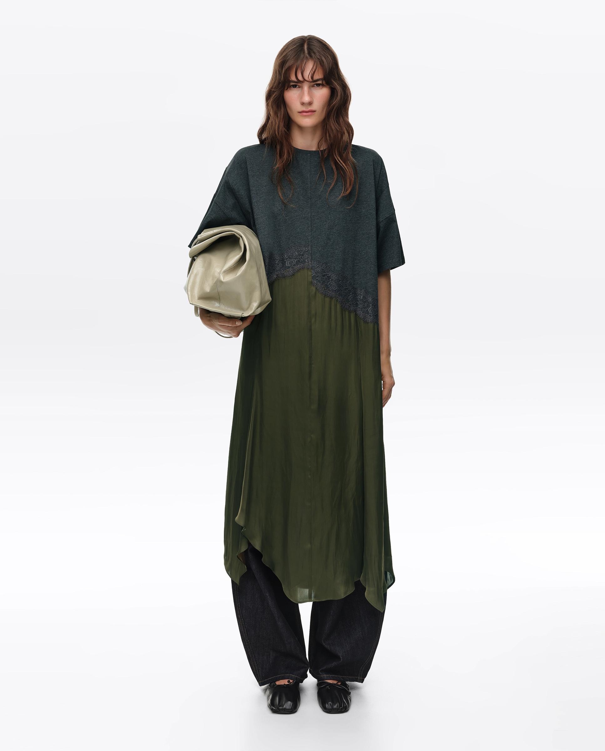 Vestido Bimaterial Irregular Caqui-7