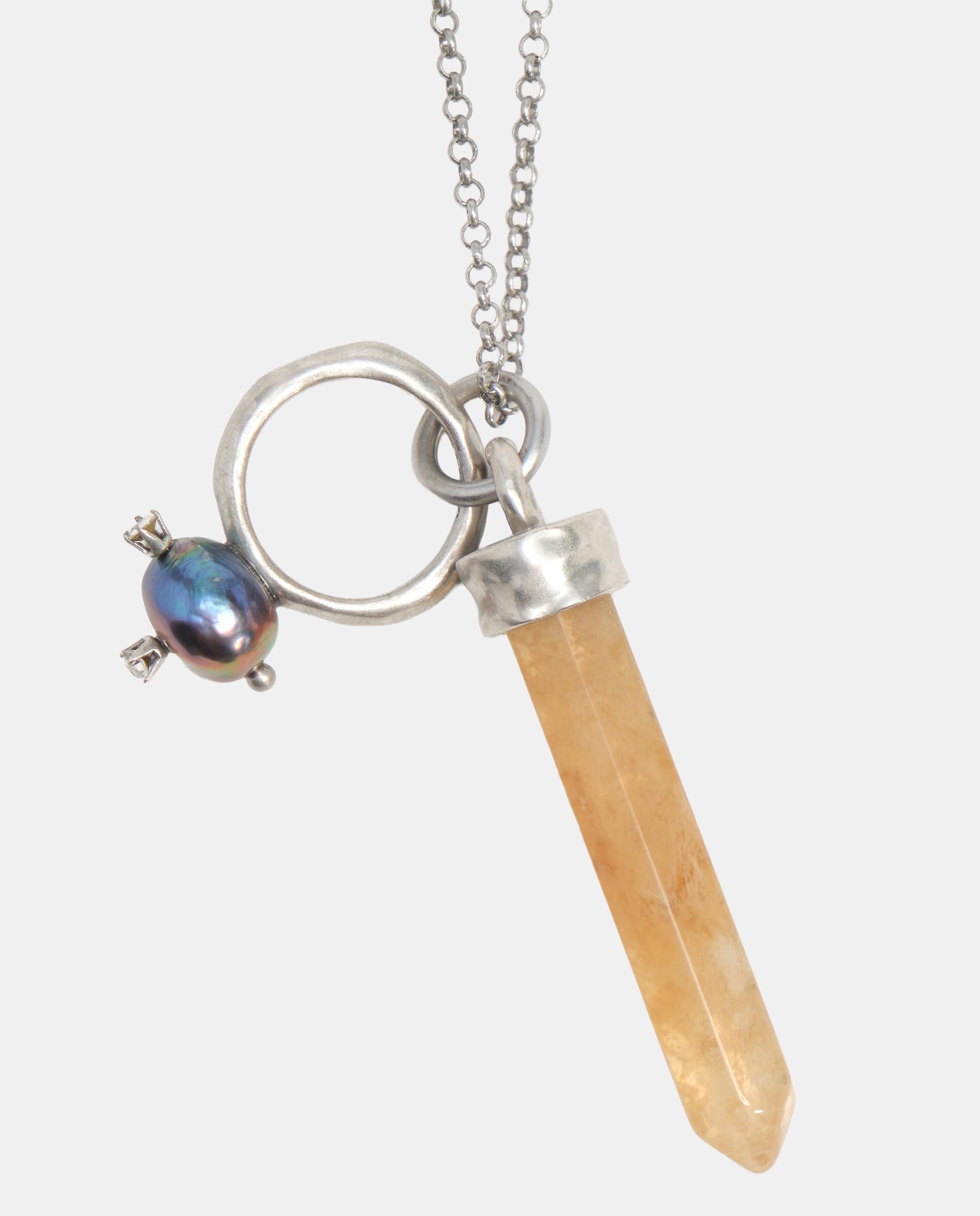 Colar Comprido de Corrente com Pedra e Anel de Pérola Prateado-2