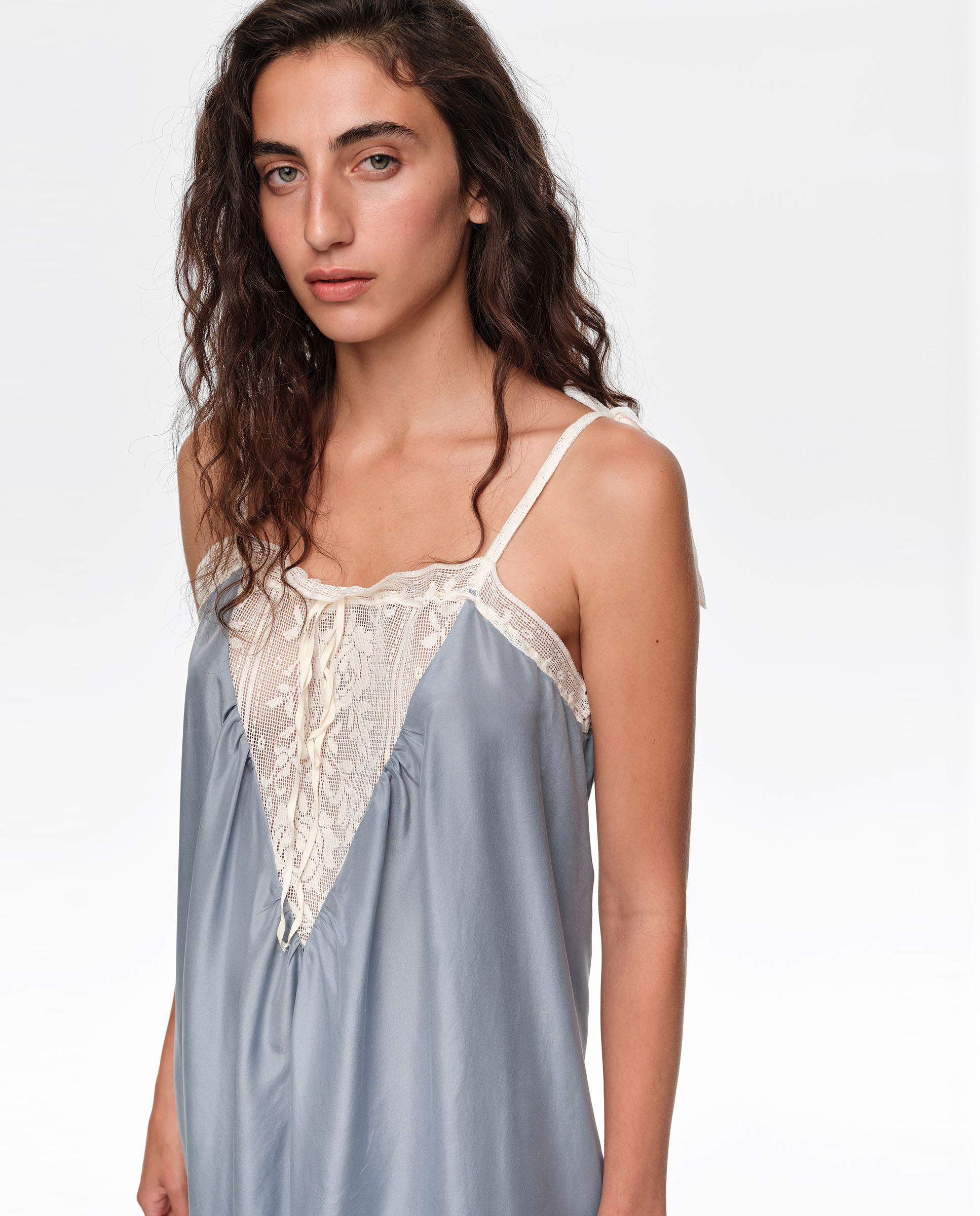 Vestido de Alças com Rendas em Seda Azul-claro-2