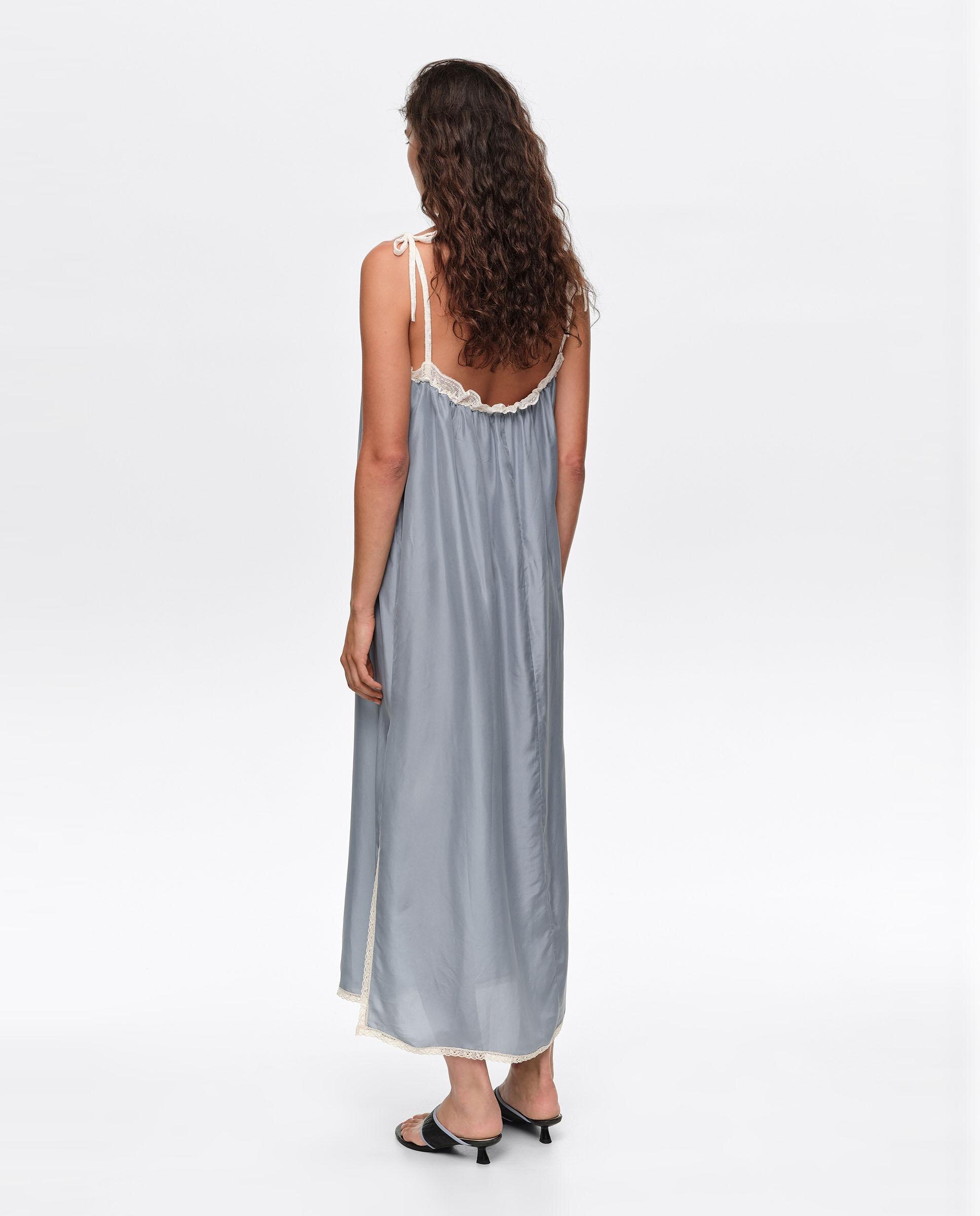 Vestido de Alças com Rendas em Seda Azul-claro-5