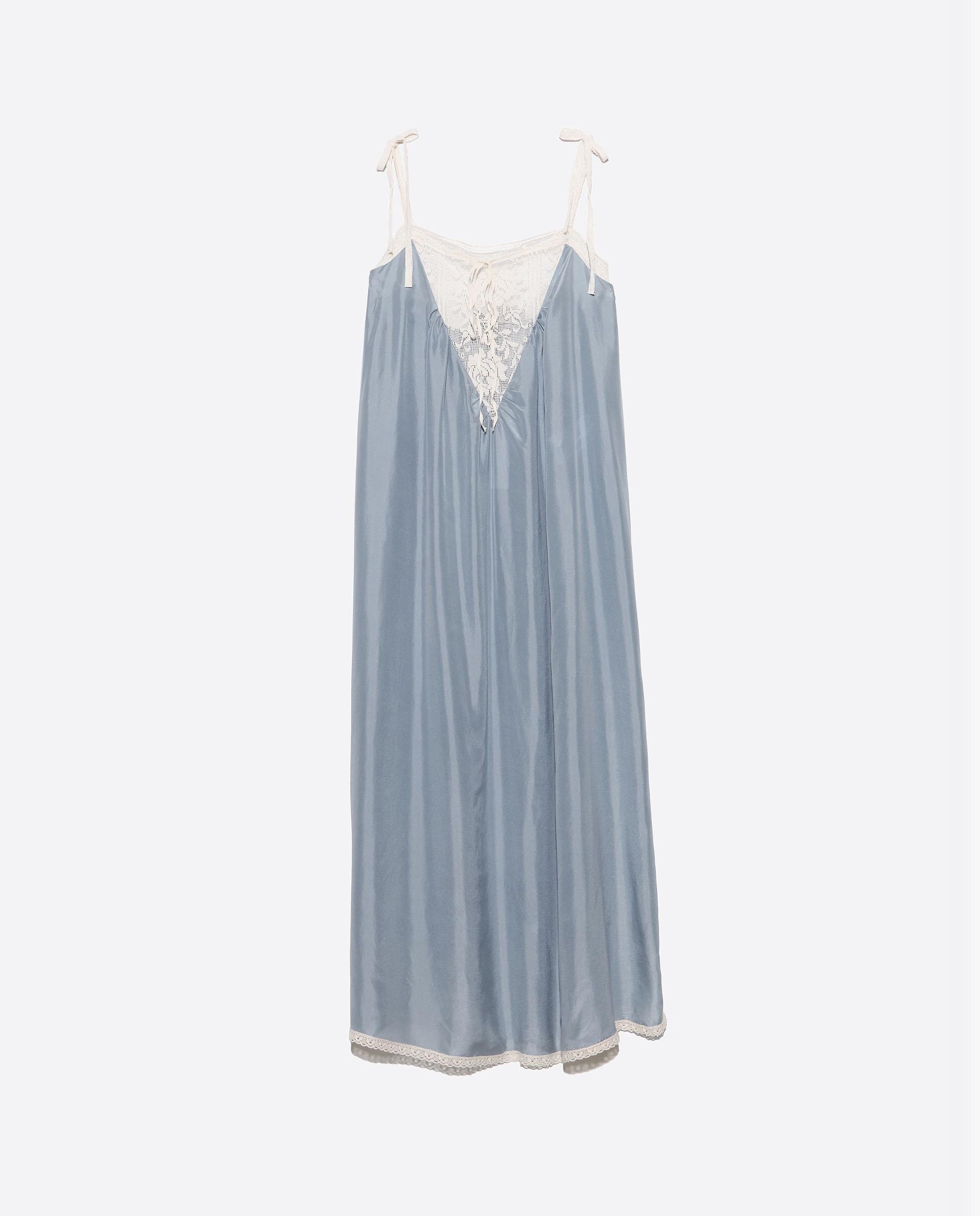 Vestido de Alças com Rendas em Seda Azul-claro-6
