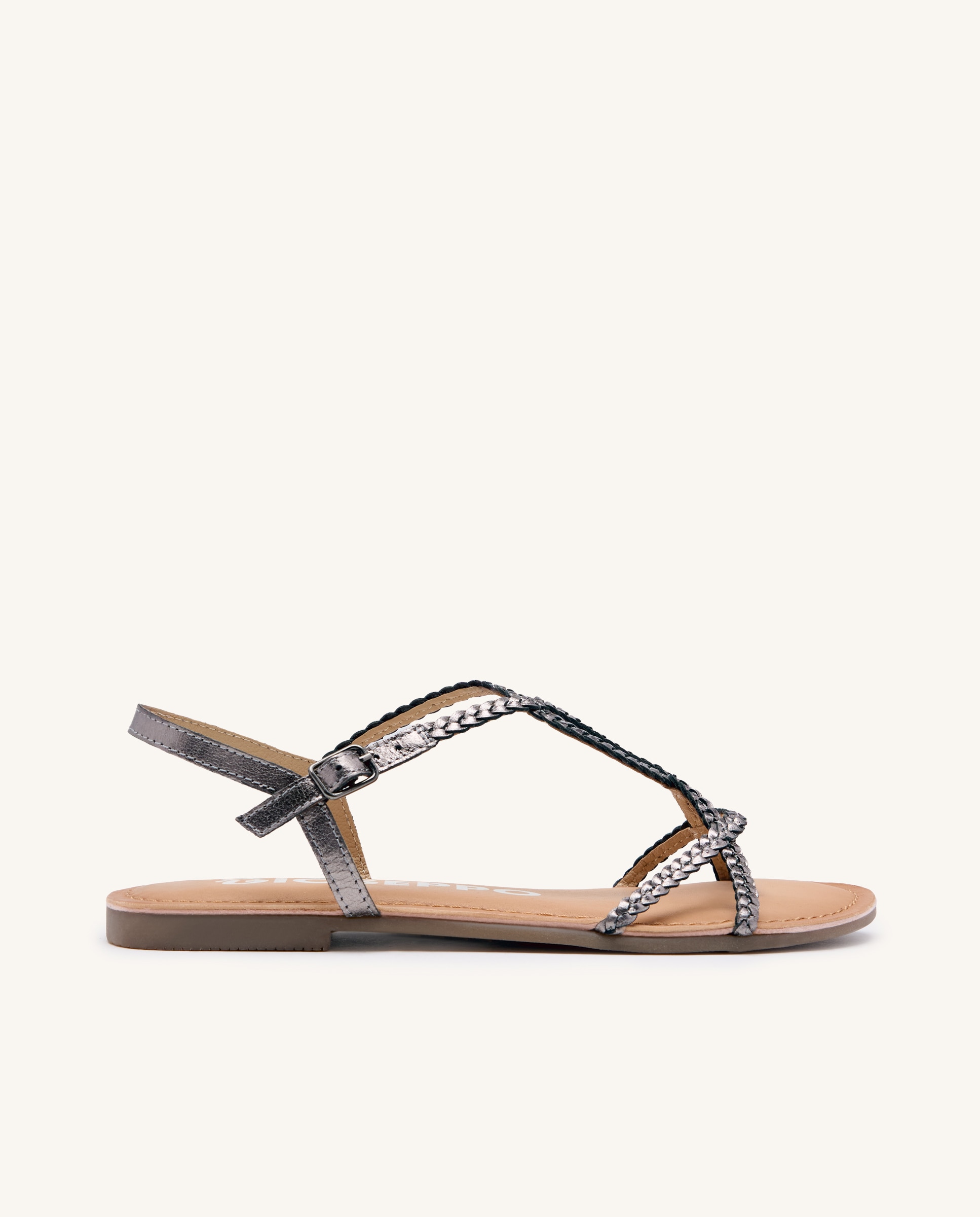 Sandálias Rasas de Pele com Fecho no Tornozelo com Fivela Prateado-1