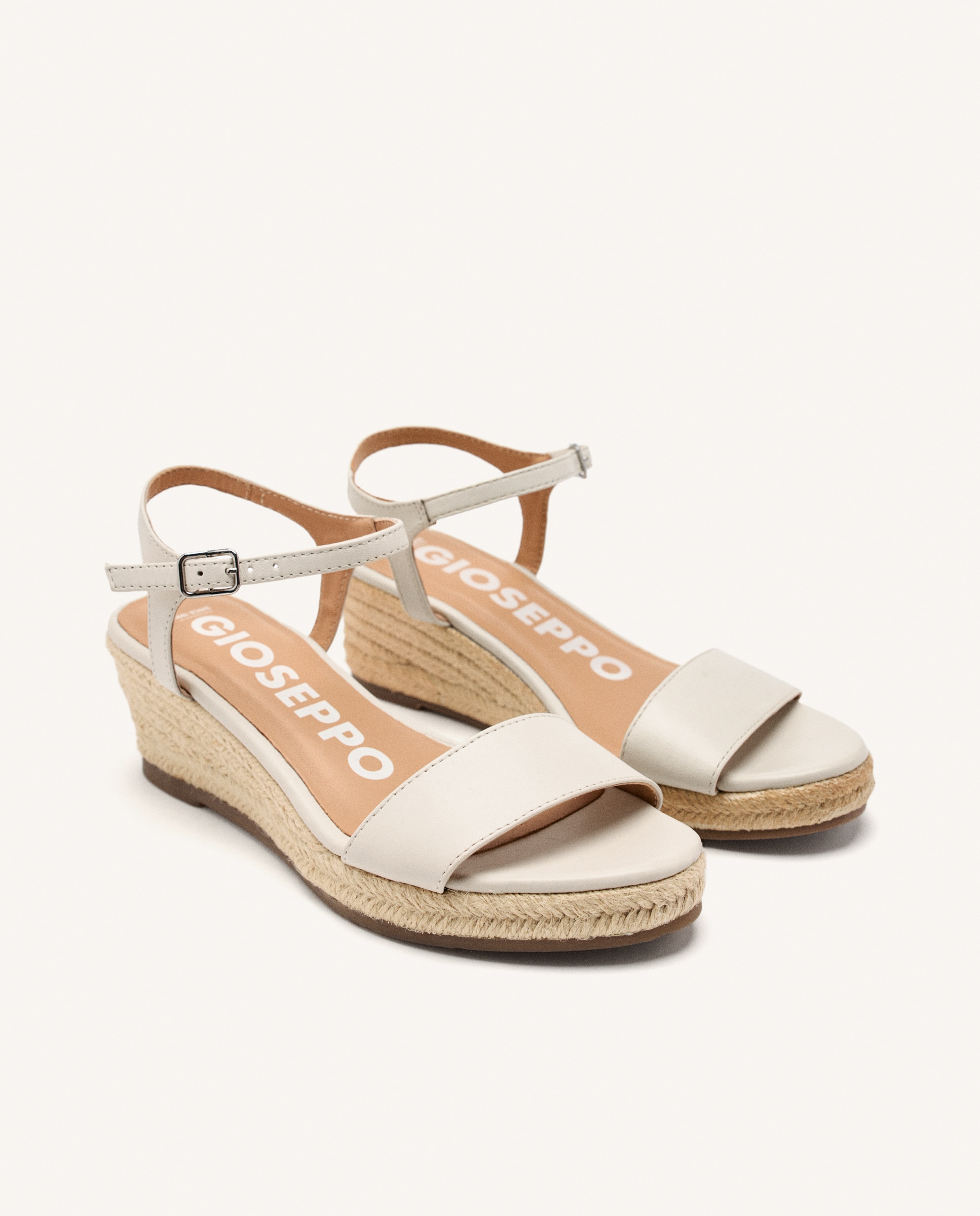 Alpercatas de Cunhas em Pele de Juta com Altura Média e Fecho com Fivela Branco-marfim-2