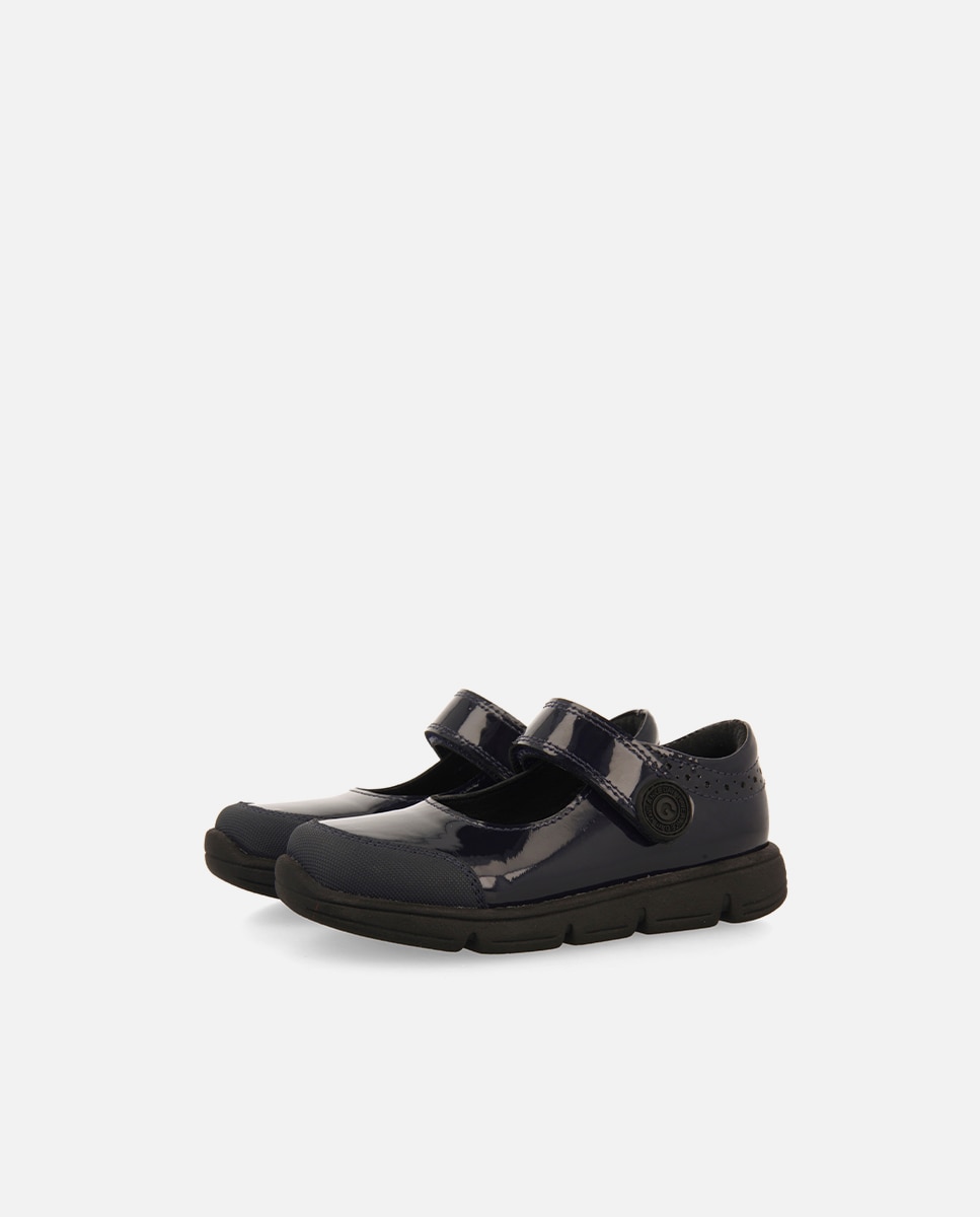 Sapatos de Colégio Tipo Bailarinas Colegiais de Pele Efeito Verniz com Fechos Ajustáveis Gioseppo Azul-marinho-2
