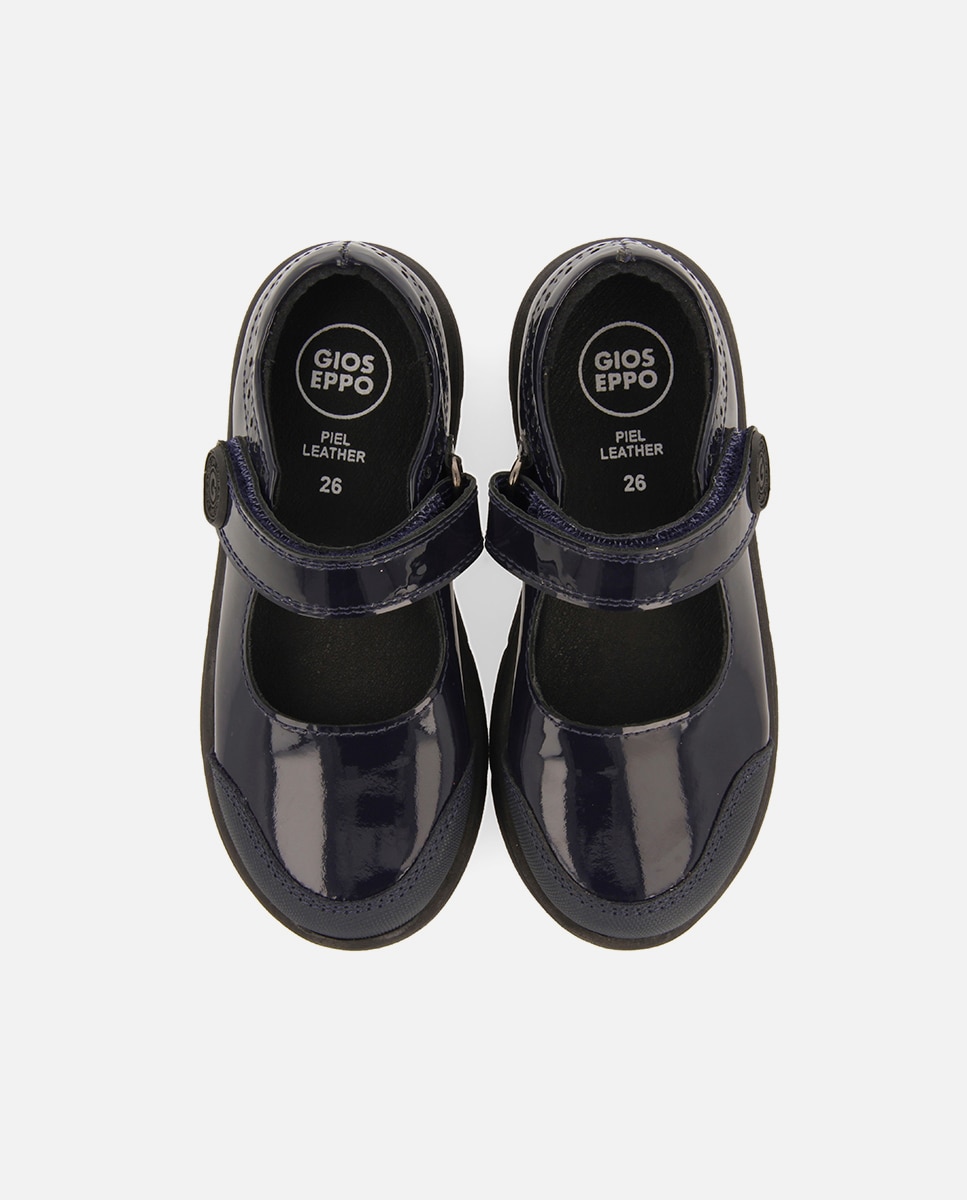 Sapatos de Colégio Tipo Bailarinas Colegiais de Pele Efeito Verniz com Fechos Ajustáveis Gioseppo Azul-marinho-4