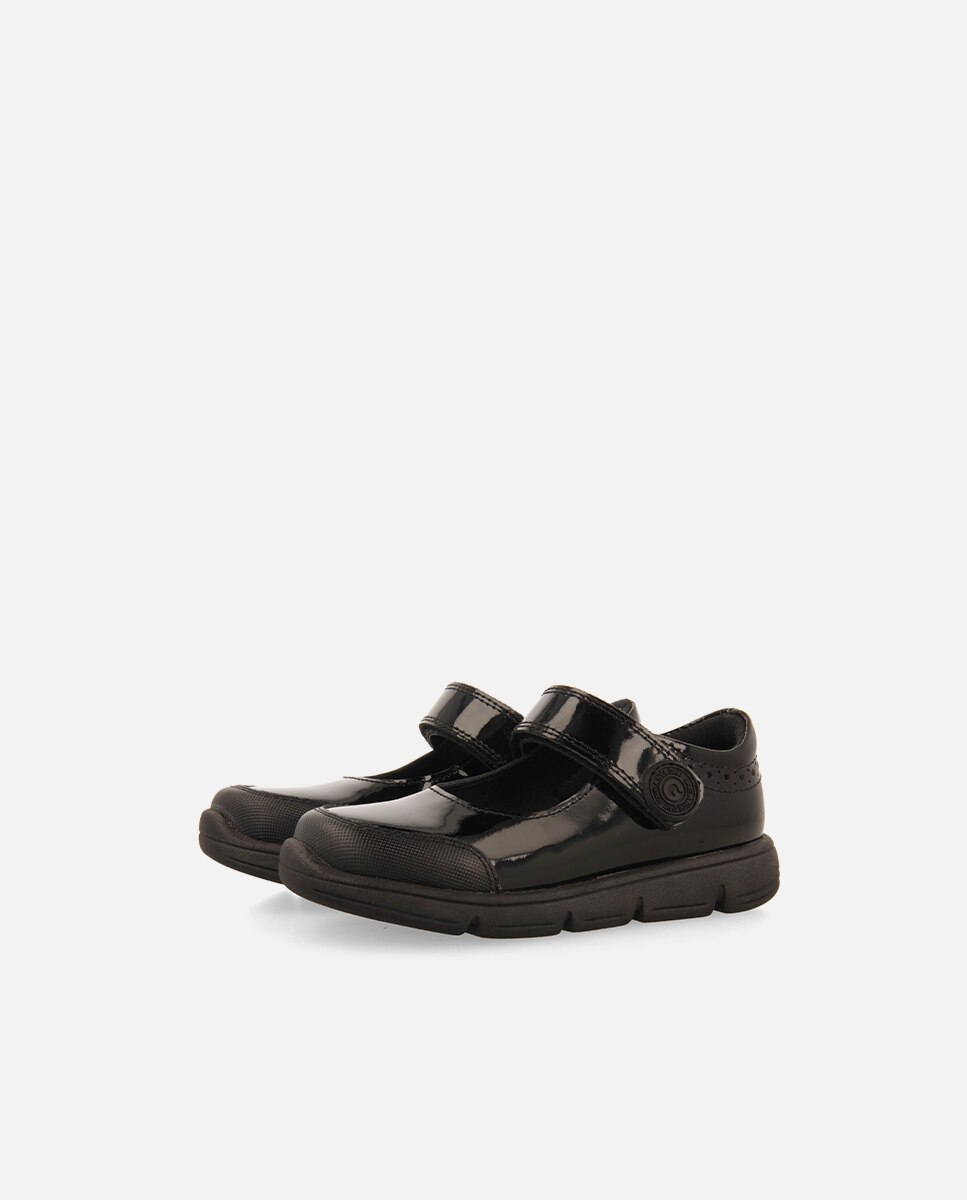Sapatos de Colégio Tipo Bailarinas Colegiais de Pele Efeito Verniz com Fechos Ajustáveis Preto-2
