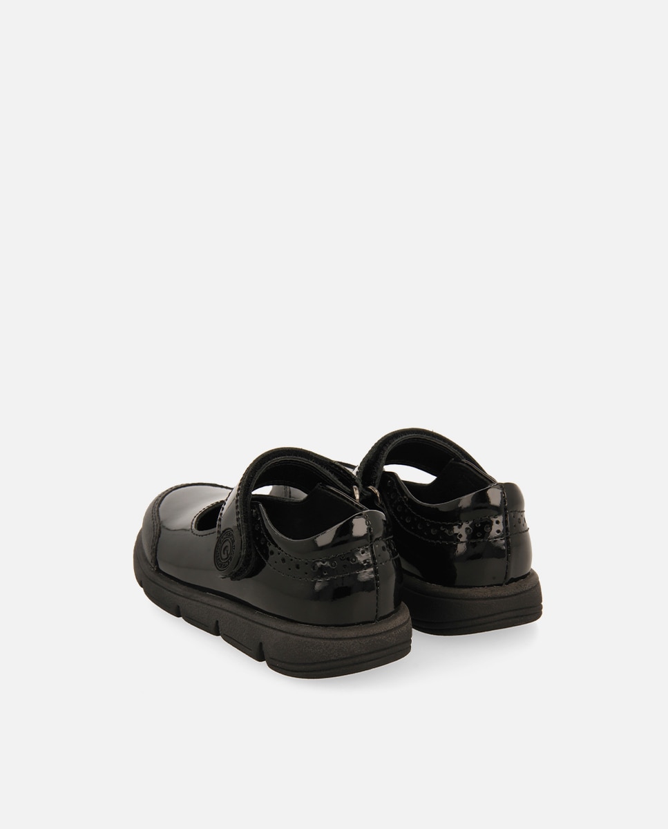 Sapatos de Colégio Tipo Bailarinas Colegiais de Pele Efeito Verniz com Fechos Ajustáveis Preto-3