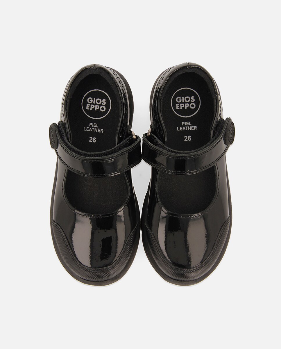 Sapatos de Colégio Tipo Bailarinas Colegiais de Pele Efeito Verniz com Fechos Ajustáveis Preto-4