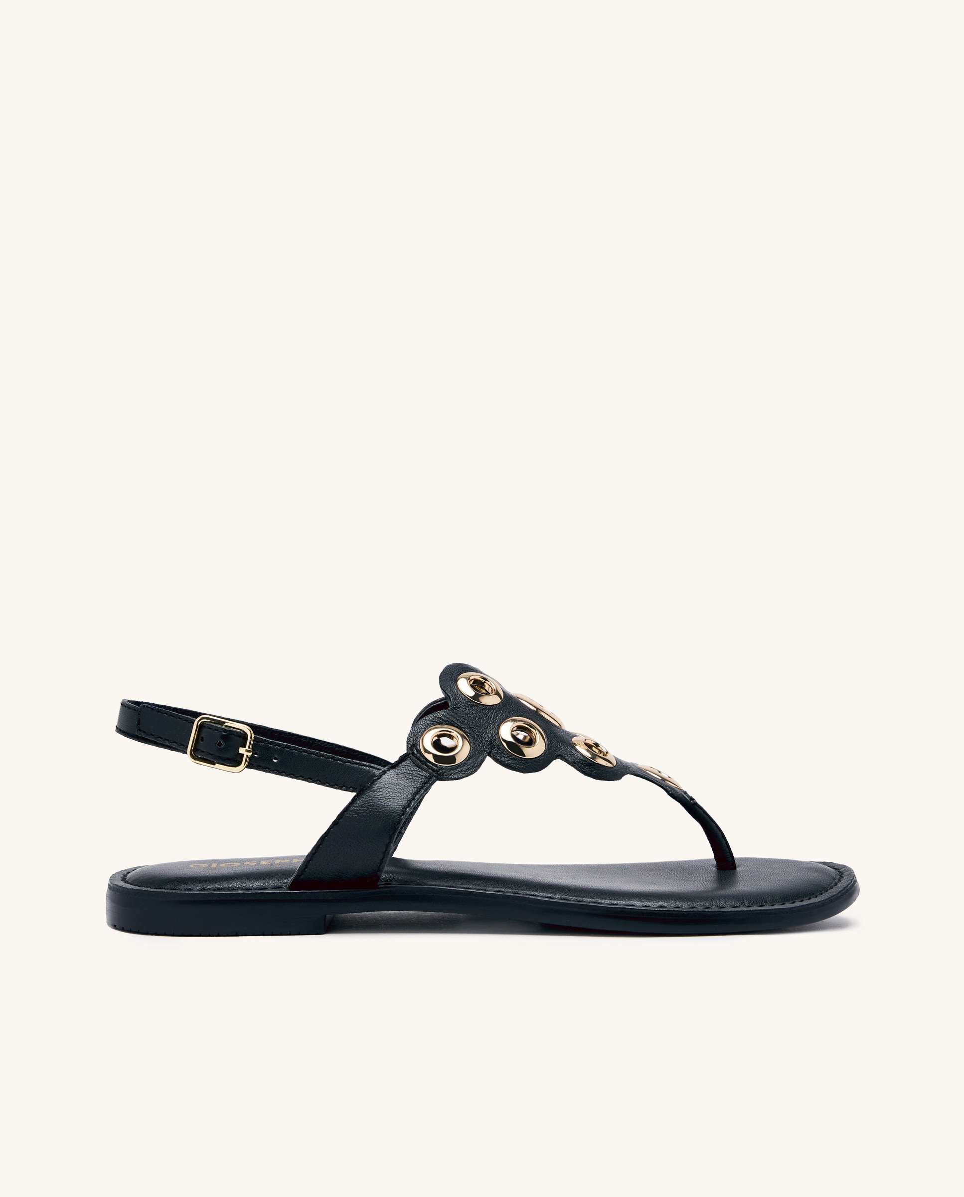 Sandálias Rasas de Pele Tipo Gregas com Fecho Regulável no Calcanhar Preto-1