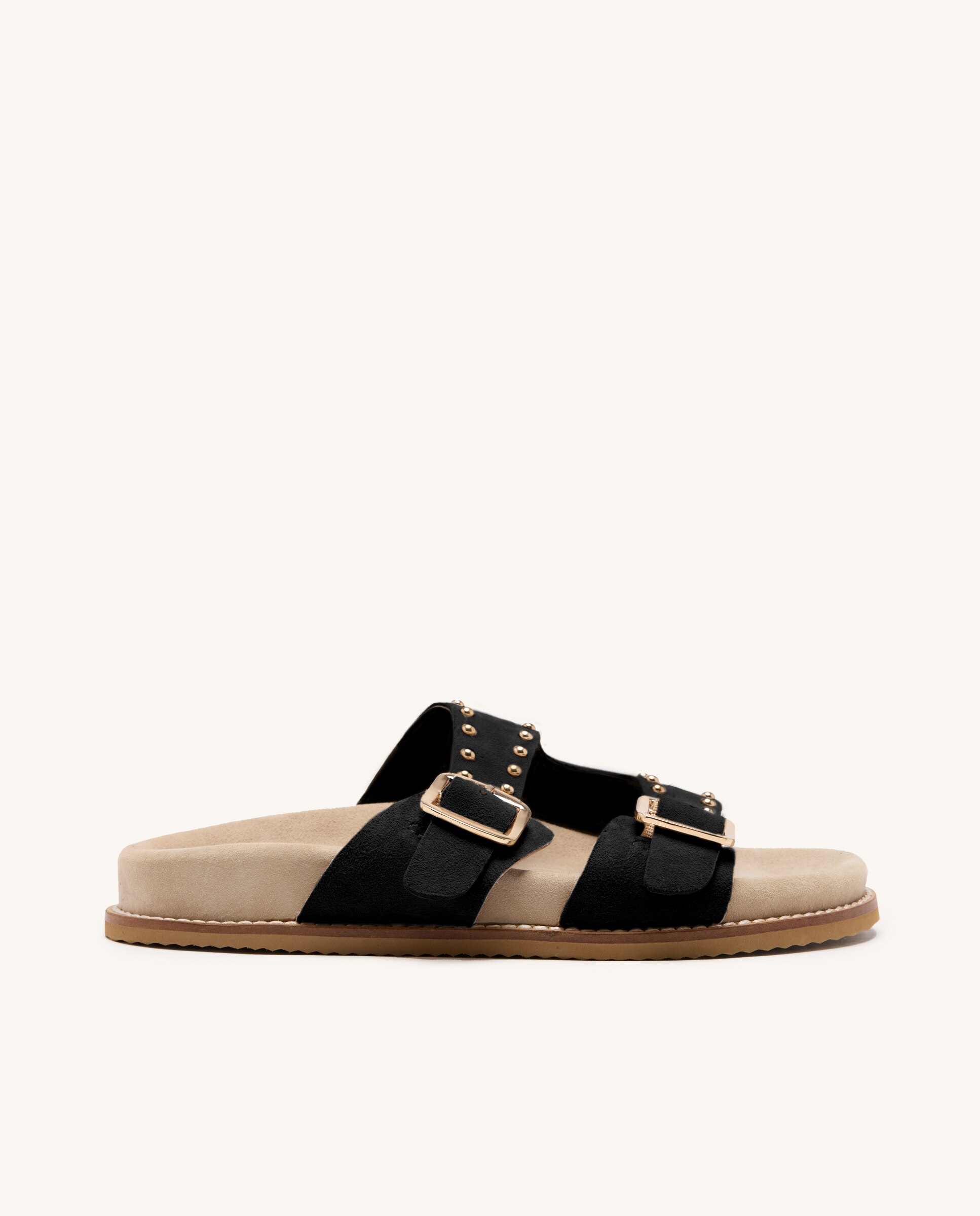 Sandálias Rasas de Pele com Tachas e Fivelas Preto-1