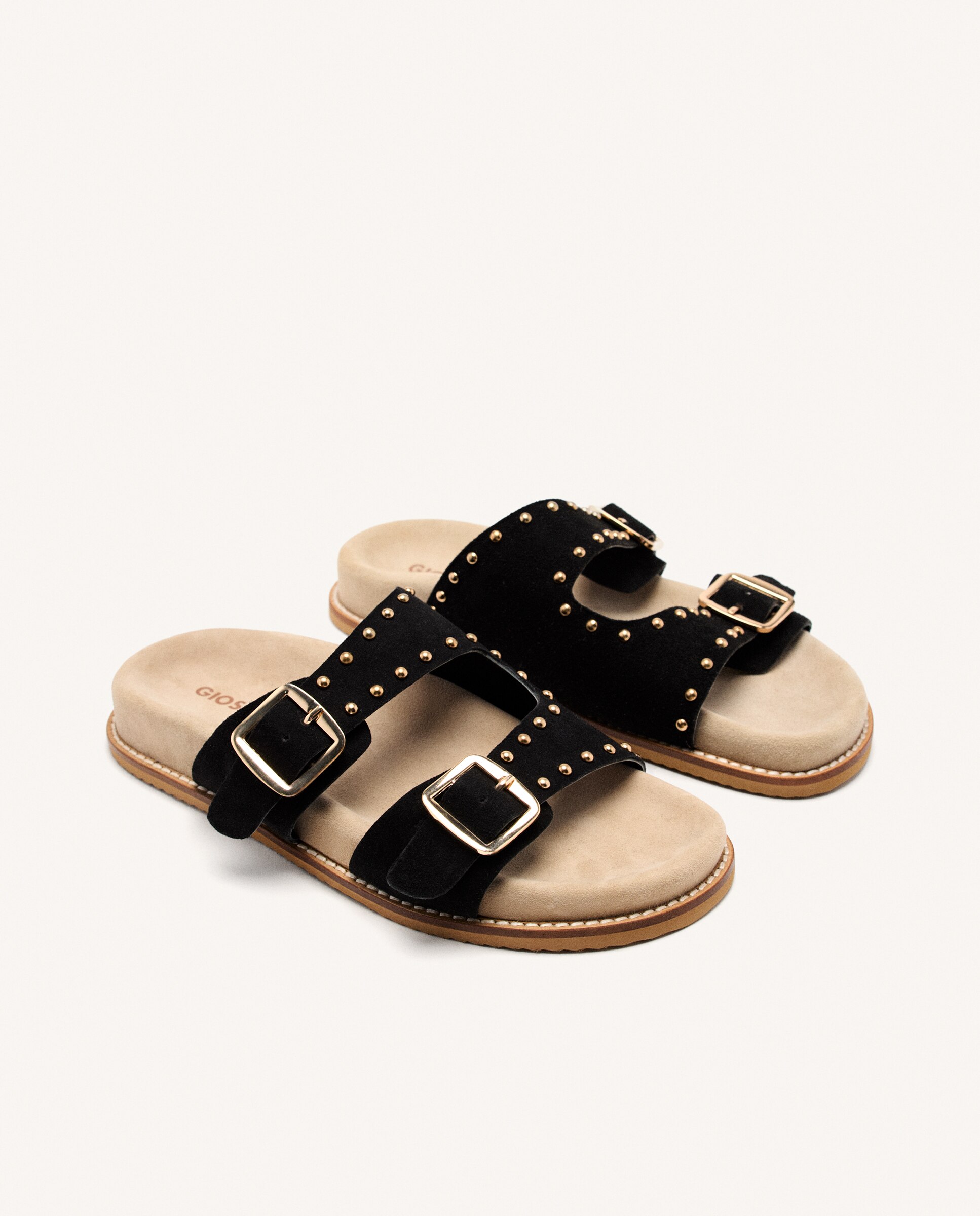 Sandálias Rasas de Pele com Tachas e Fivelas Preto-2