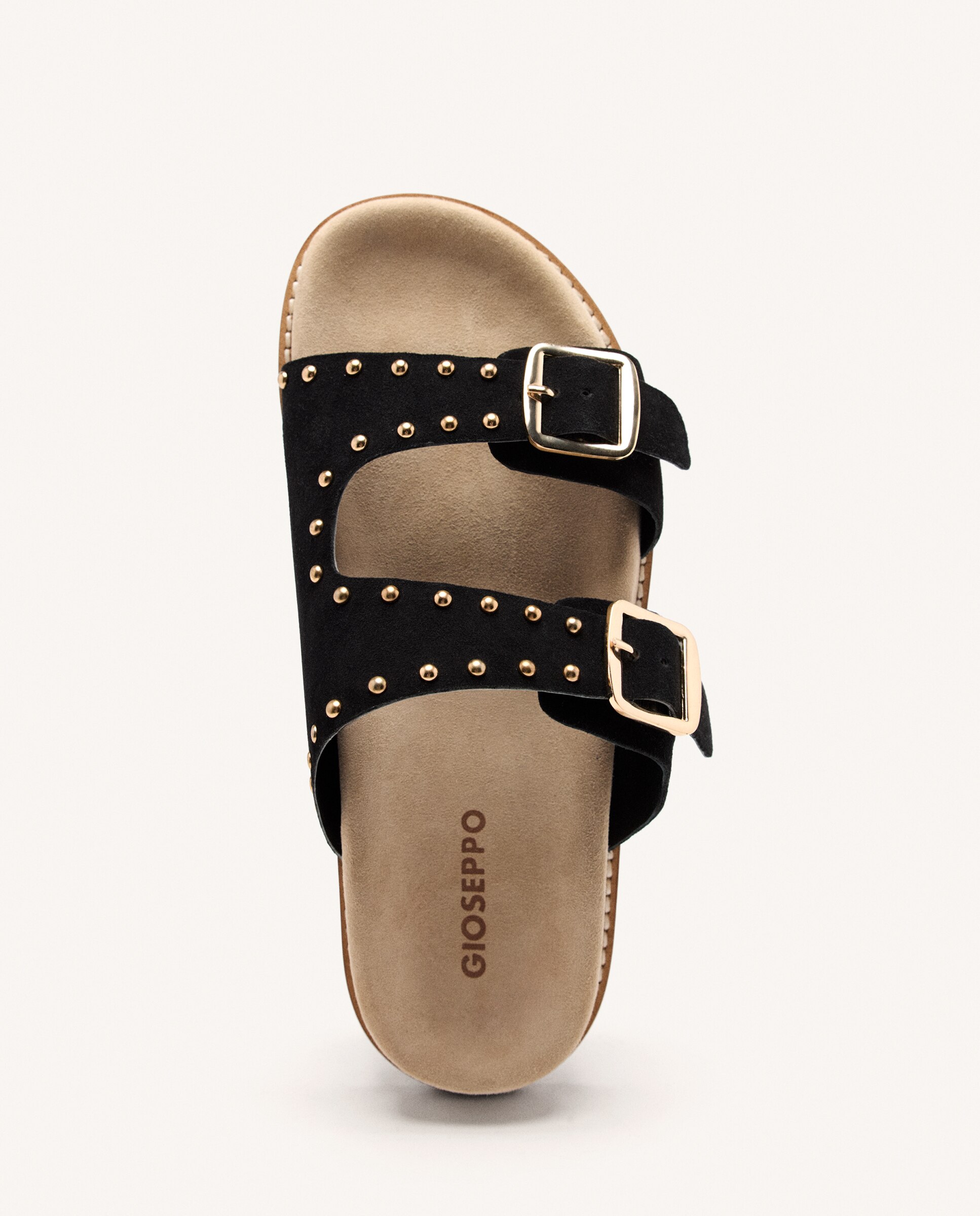 Sandálias Rasas de Pele com Tachas e Fivelas Preto-3