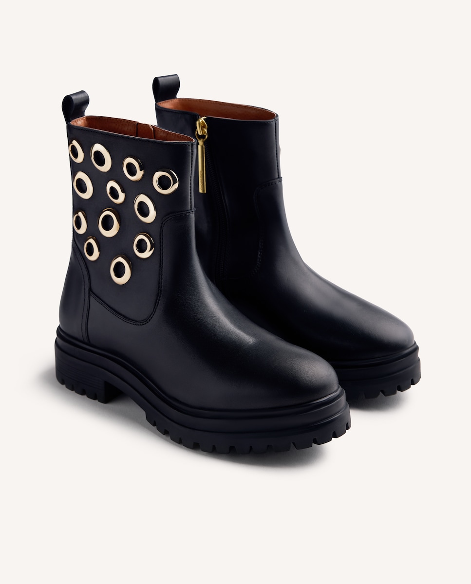 Botins de Pele com Ollados e Palmilha Acolchoada Preto-2