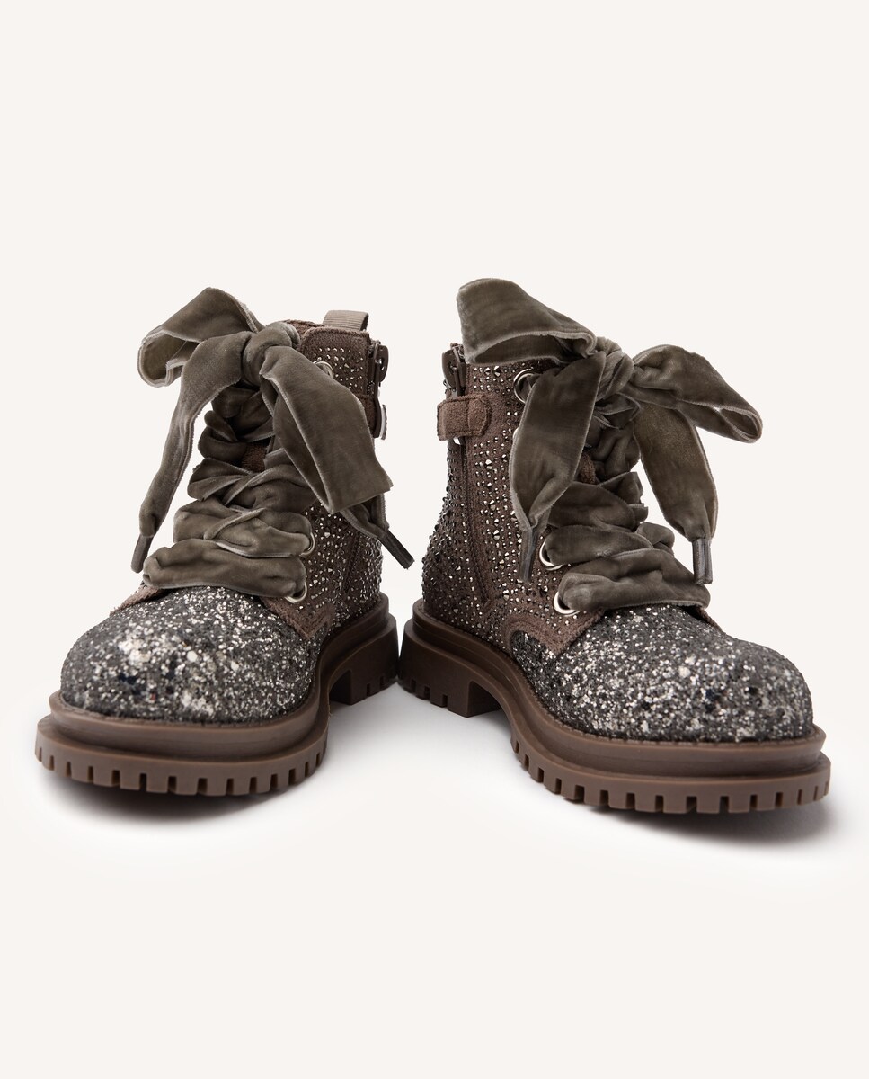 Botas com Brilhos e Cordões de Veludo Castanho-claro-3