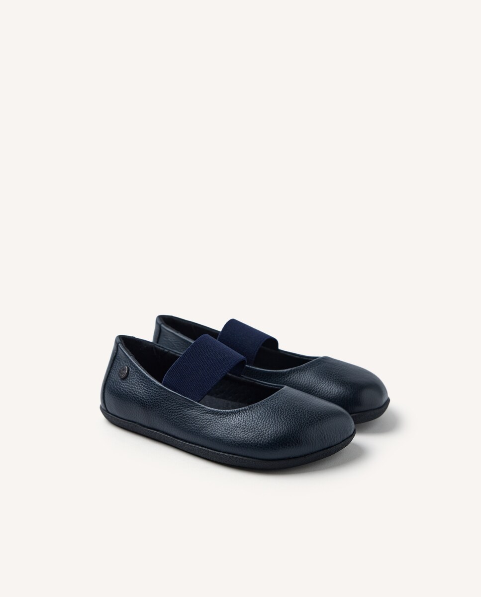 Sapatos de Colégio Bailarinas Barefoot de Pele com Elástico no Peito Do Pé Azul-marinho-2