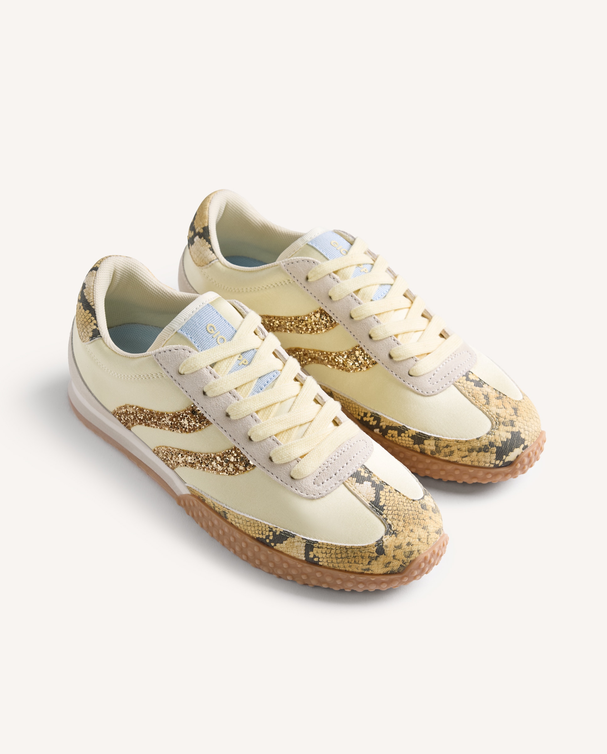 Sapatilhas Desportivas de Pele com Estampado de Serpente e Detalhes Brilhantes Amarelo-2