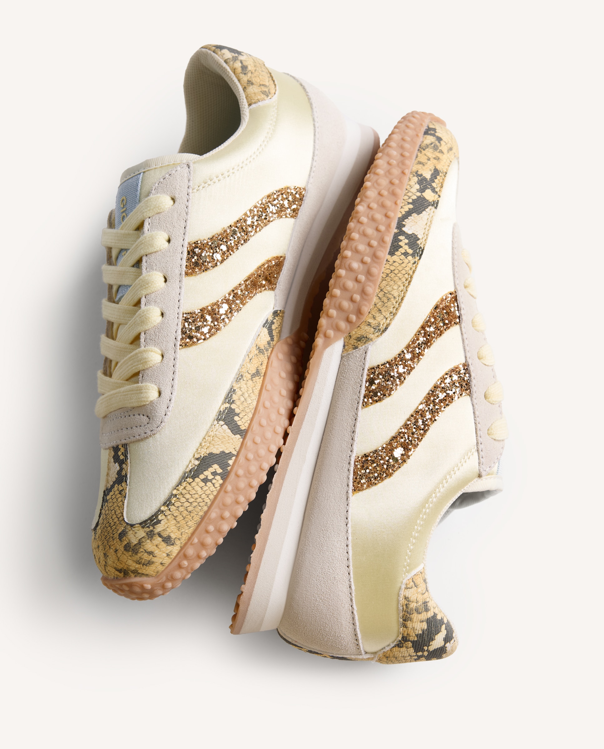 Sapatilhas Desportivas de Pele com Estampado de Serpente e Detalhes Brilhantes Amarelo-6