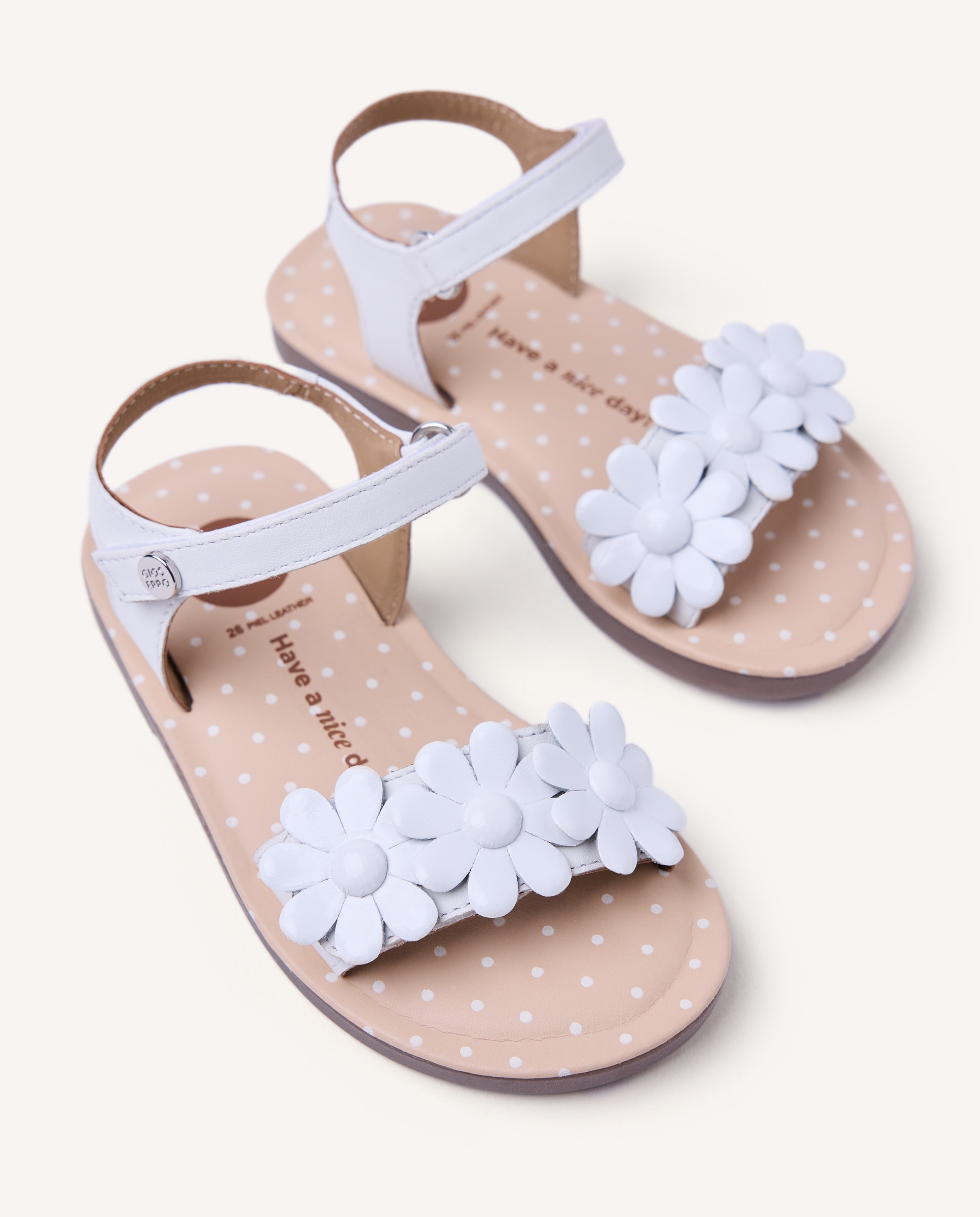 Sandálias Abertas Infantil de Pele com Detalhe de Flores Branco-3