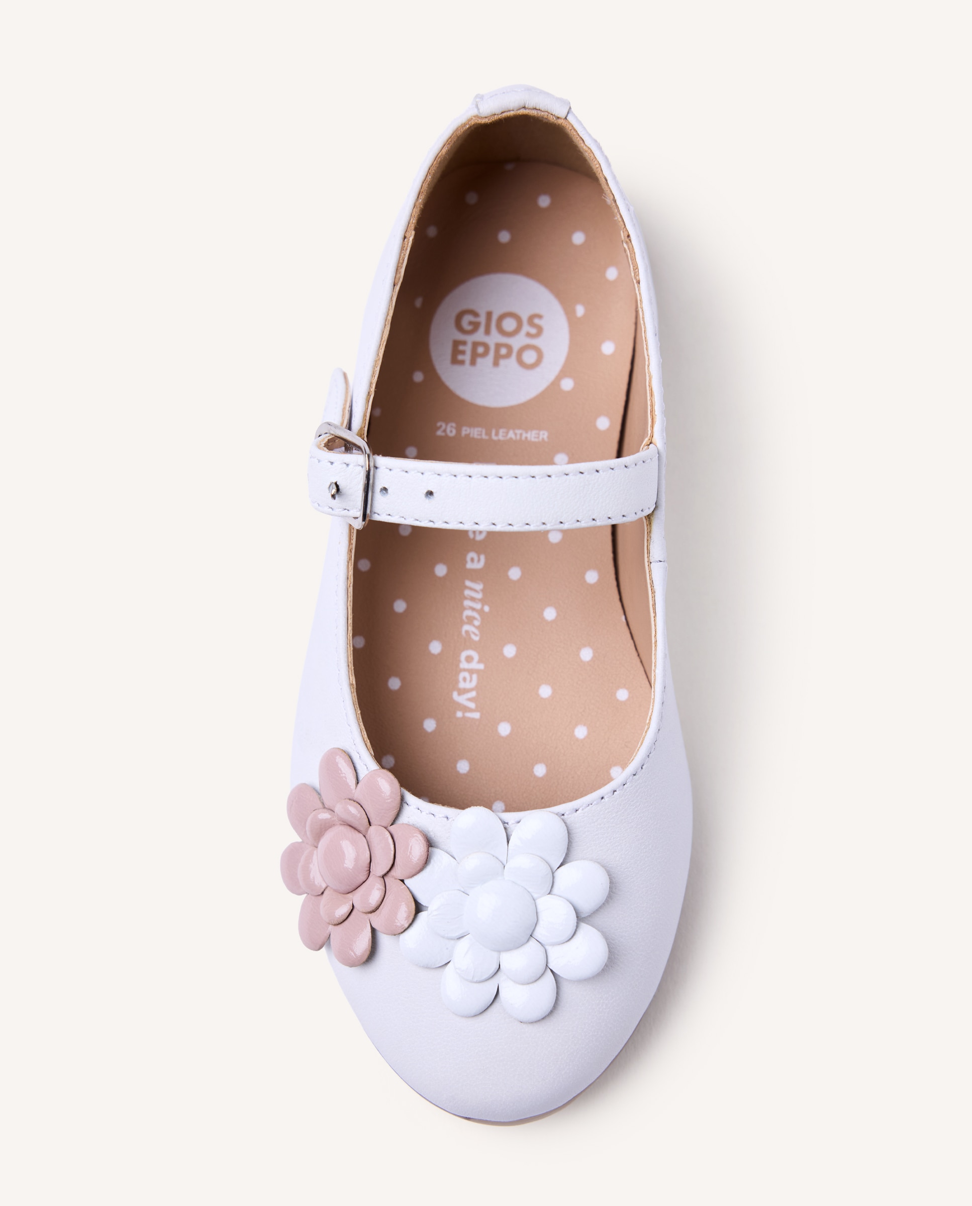 Bailarinas de Pele com Detalhe Bicolor de Flores de Comunhão Gioseppo Branco / Rosa-3