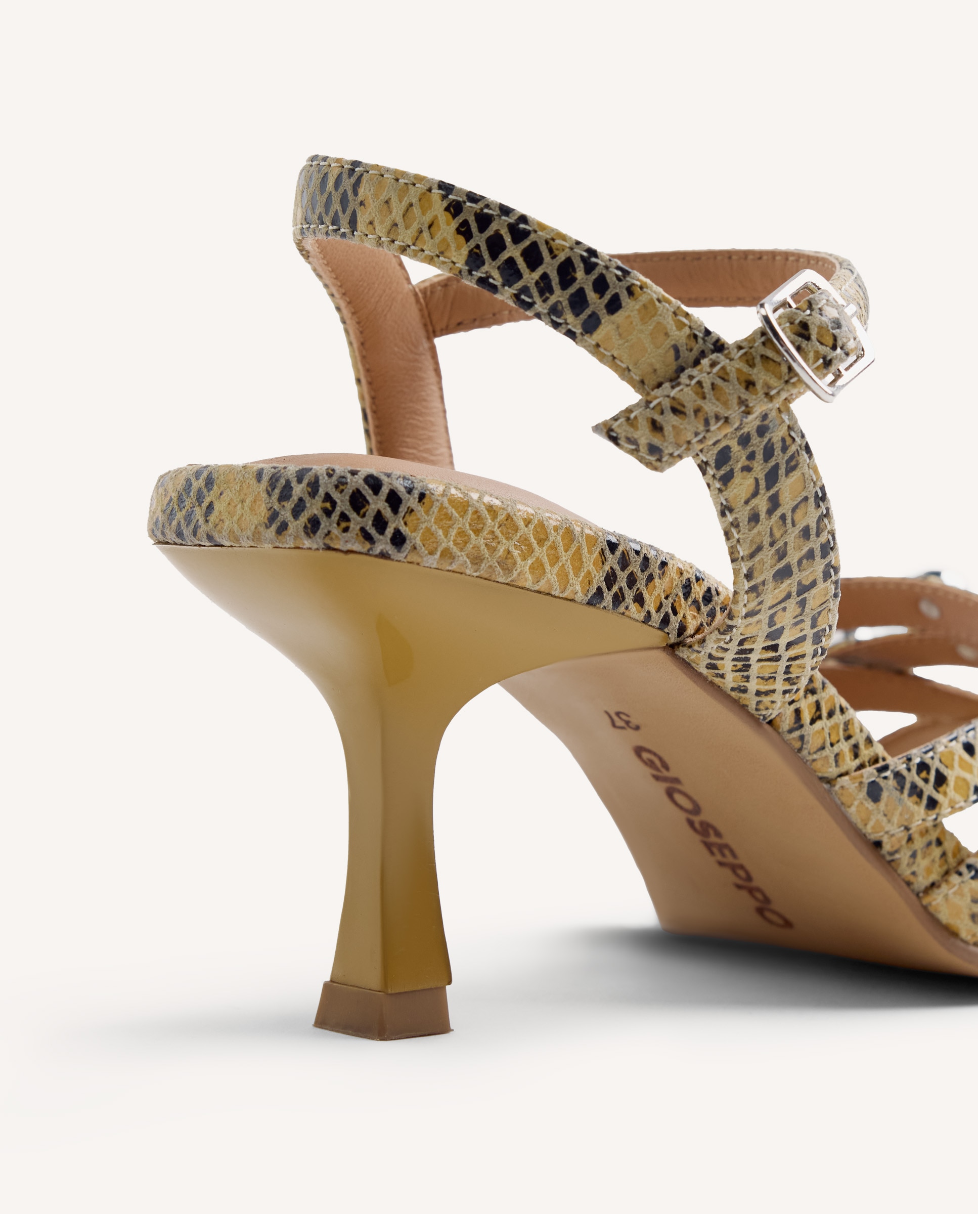 Sandálias de Salto em Pele com Estampado de Serpente e Detalhe de Tachas Amarelo / Preto-4