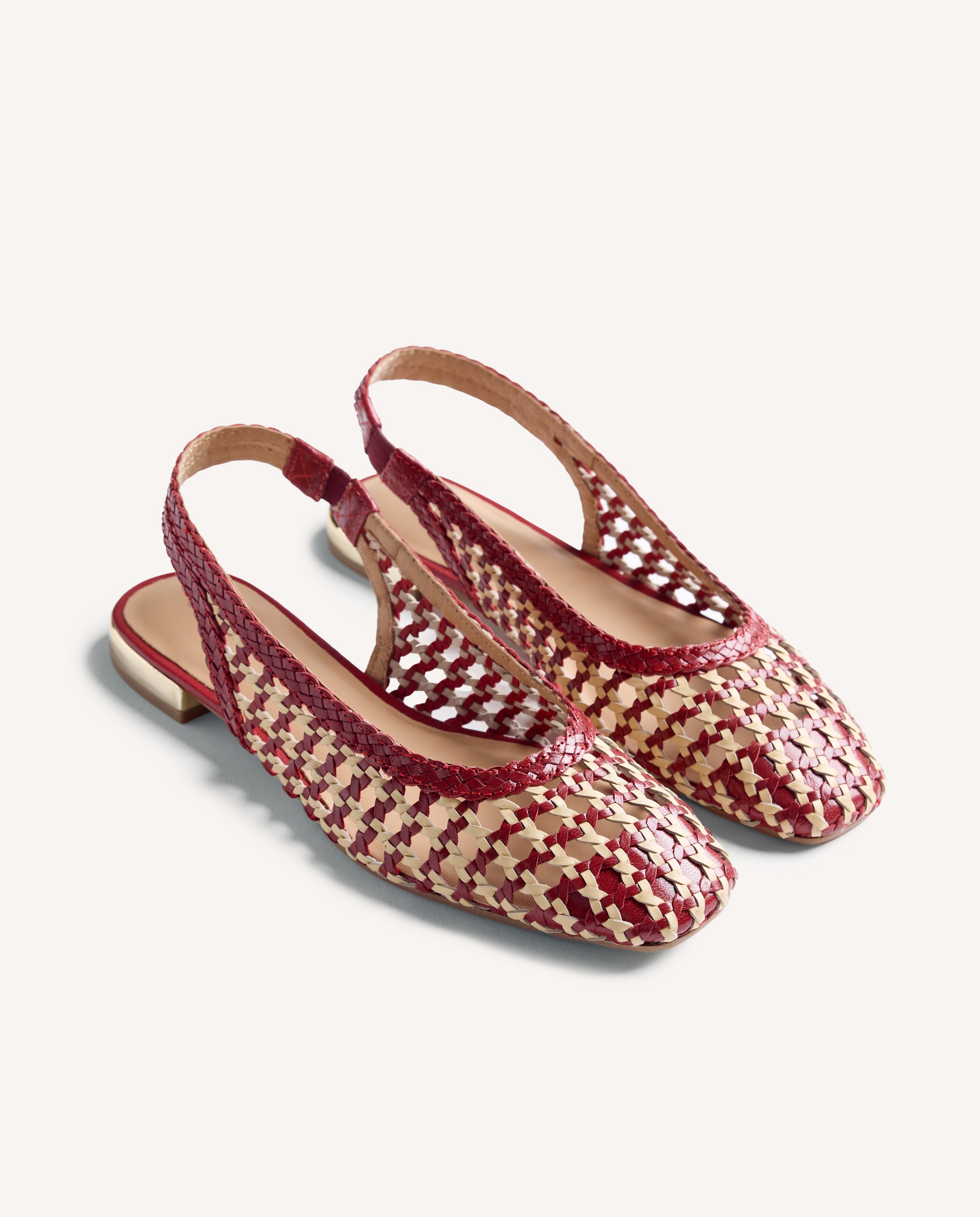 Sabrinas Rasas com o Calcanhar Aberto de Pele com Entrançado Bicolor Feito À Mão Vermelho / Branco-2