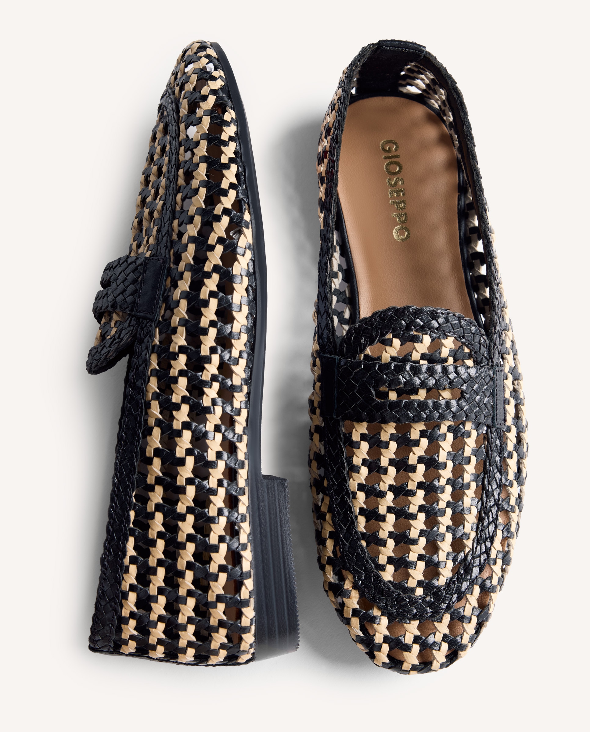 Mocassins Rasos de Pele com Entrançado Bicolor Feito À Mão Preto / Natural-4