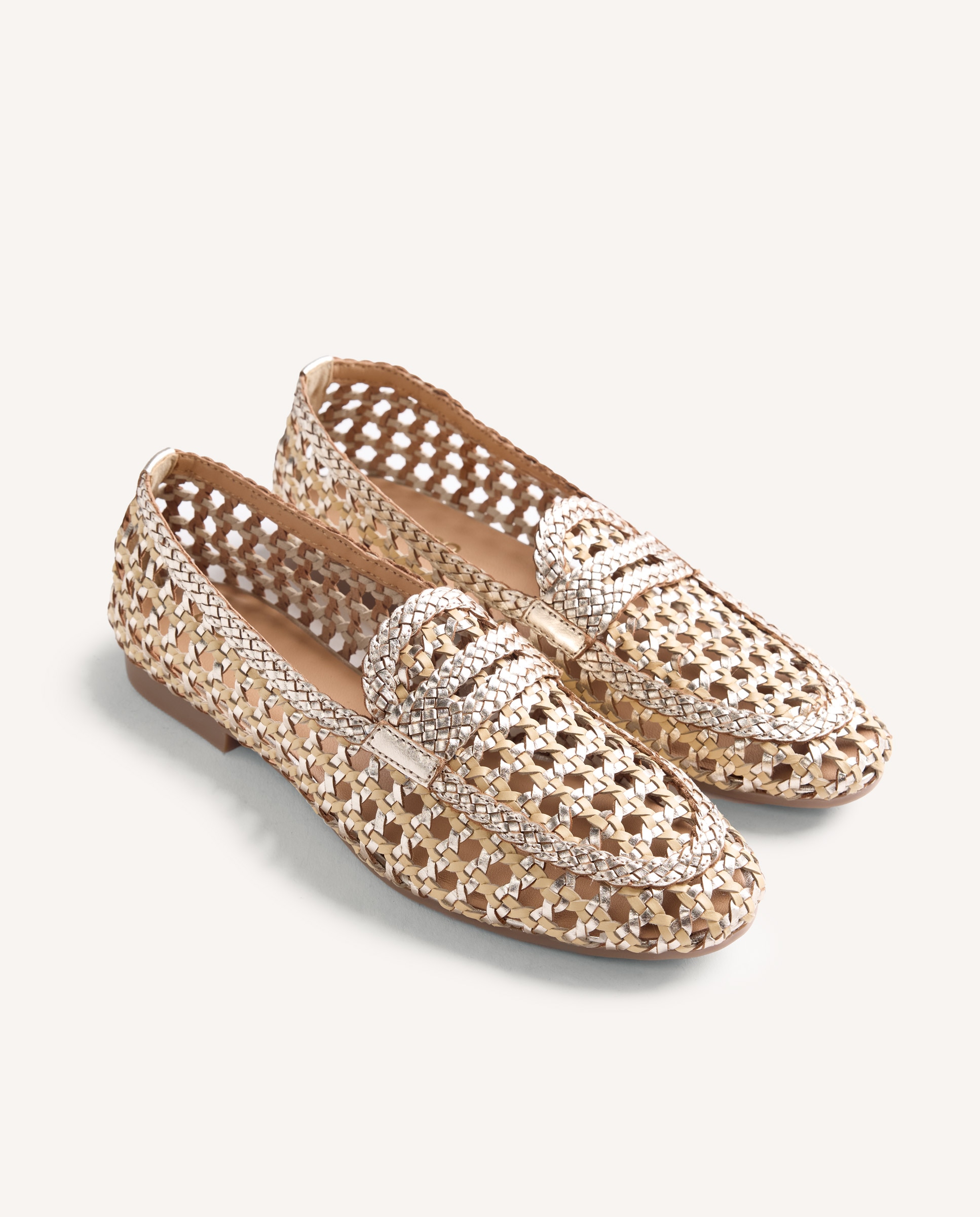 Mocassins Rasos de Pele com Entrançado Bicolor Feito À Mão Platina-2