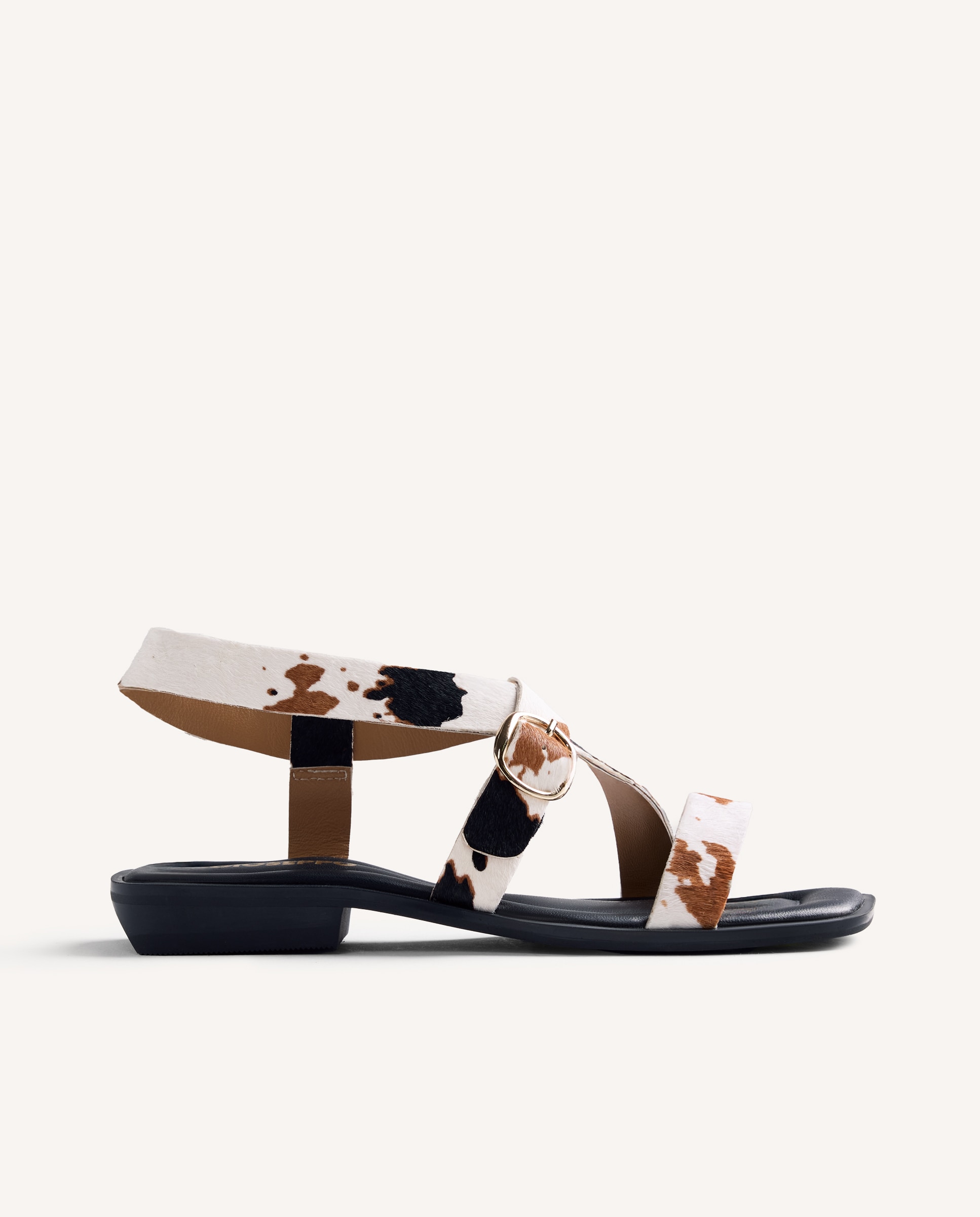 Sandálias de Tiras em Pele com Estampado de Vaca Tipo Pelo e Fivela Branco / Preto-1