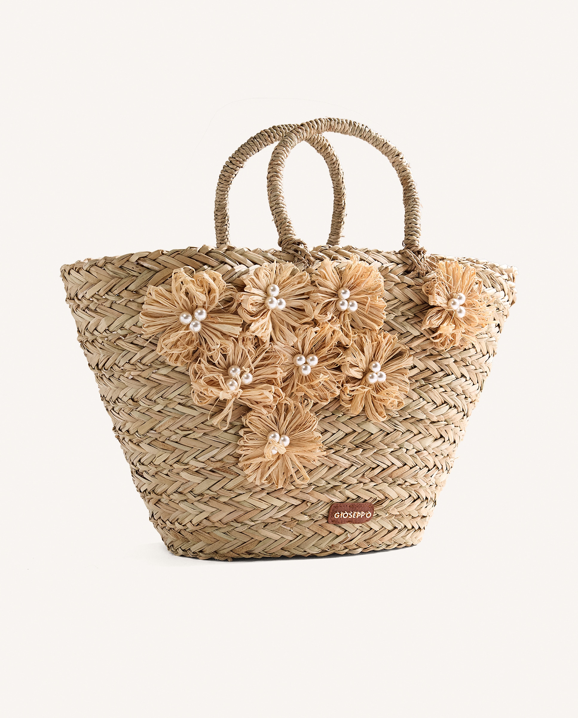 Mala Cesto Efeito Ráfia com Detalhe de Flores e Alça Dupla Natural-2