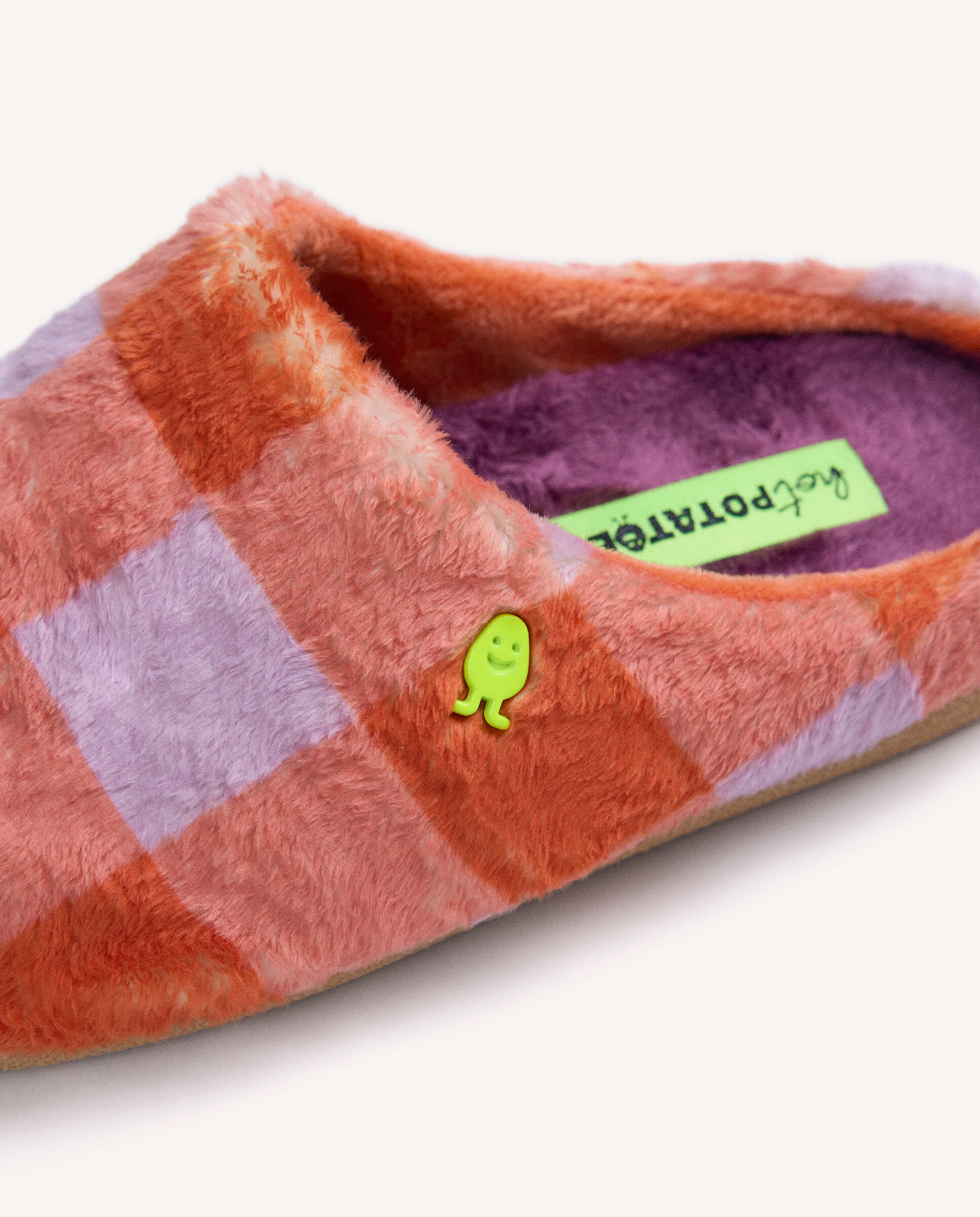 Pantufas de Pelo com Estampado Aos Quadrados Laranja-4