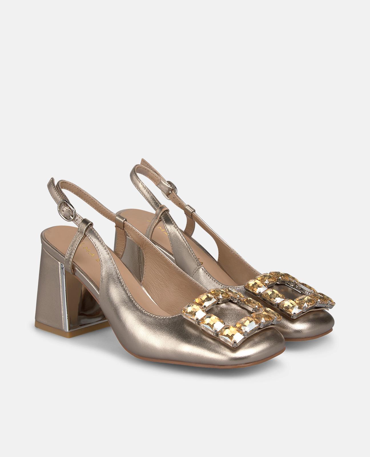 Sapatos de Salto em Pele com Calcanhar Aberto Efeito Fantasia com Detalhe de Pedras Dourado-2