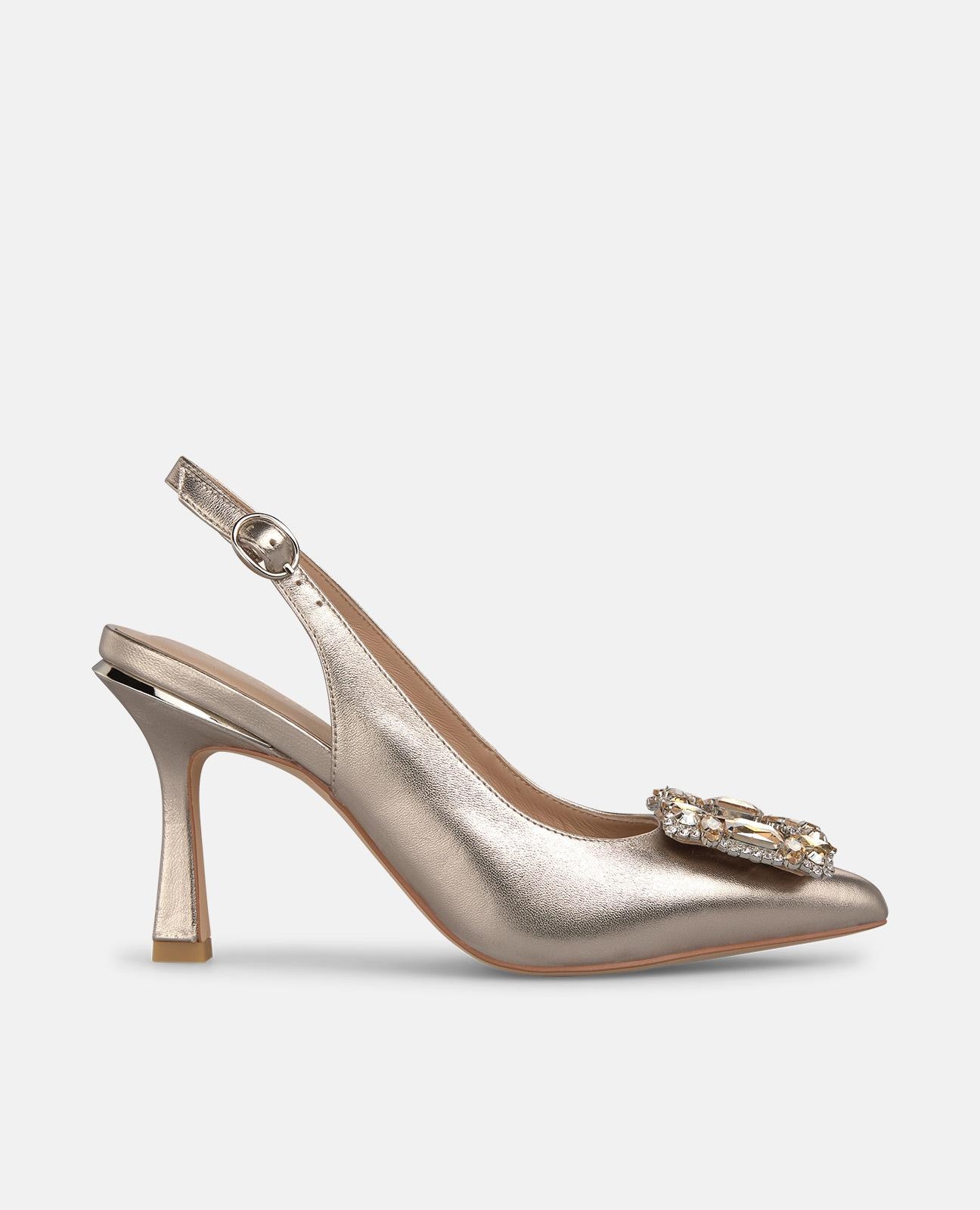 Imagem 0 de Sapatos de Salto com Calcanhar Aberto em Pele Efeito Metalizado com Detalhe Joia Frontal