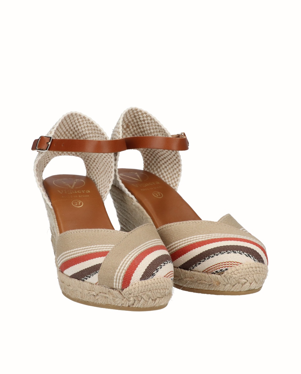 Alpercatas de Cunha em Algodão Às Riscas Bege-2