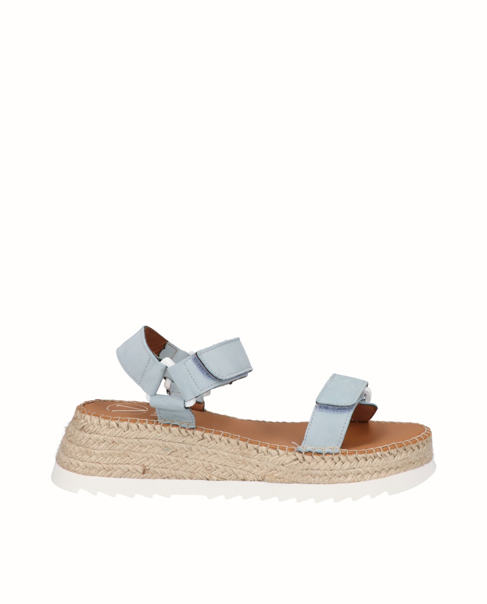 Sandálias Rasas de Pele com Velcro Azul-claro-1