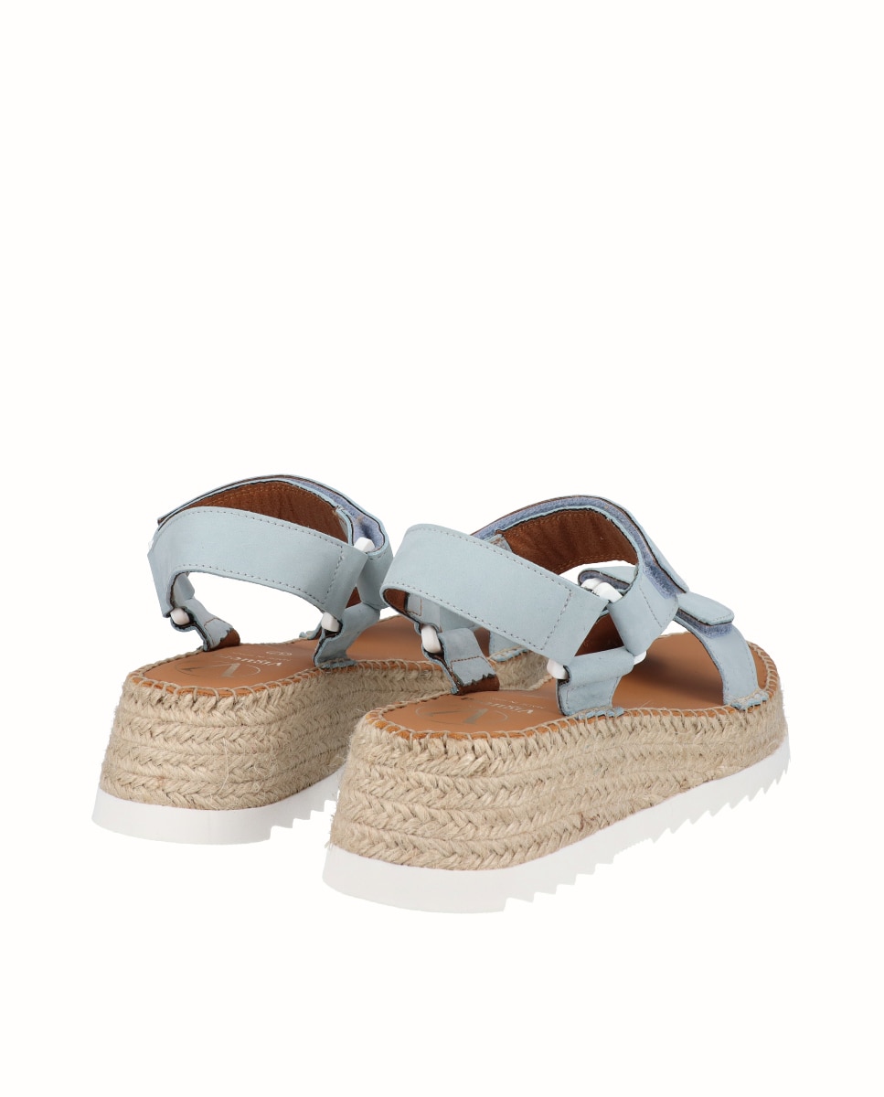 Sandálias Rasas de Pele com Velcro Azul-claro-3
