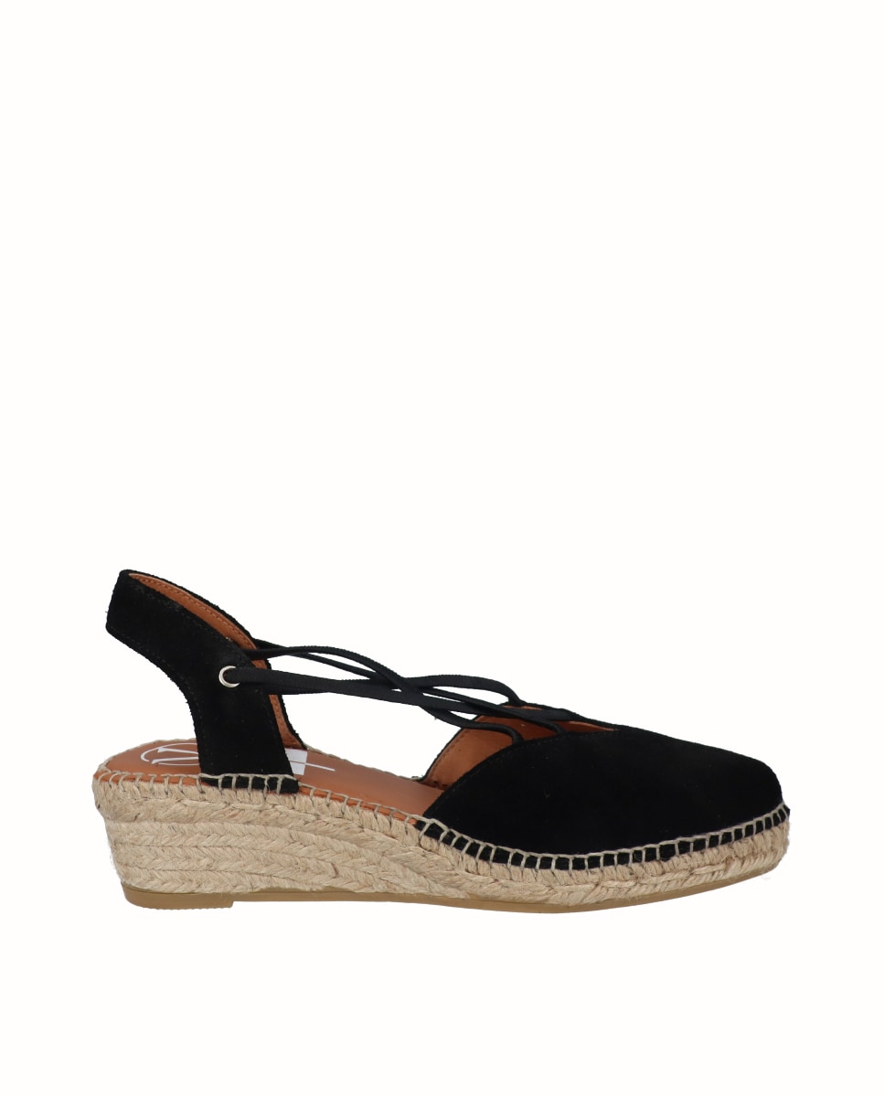 Alpercatas de Cunha em Pele com Decote em V Preto-1