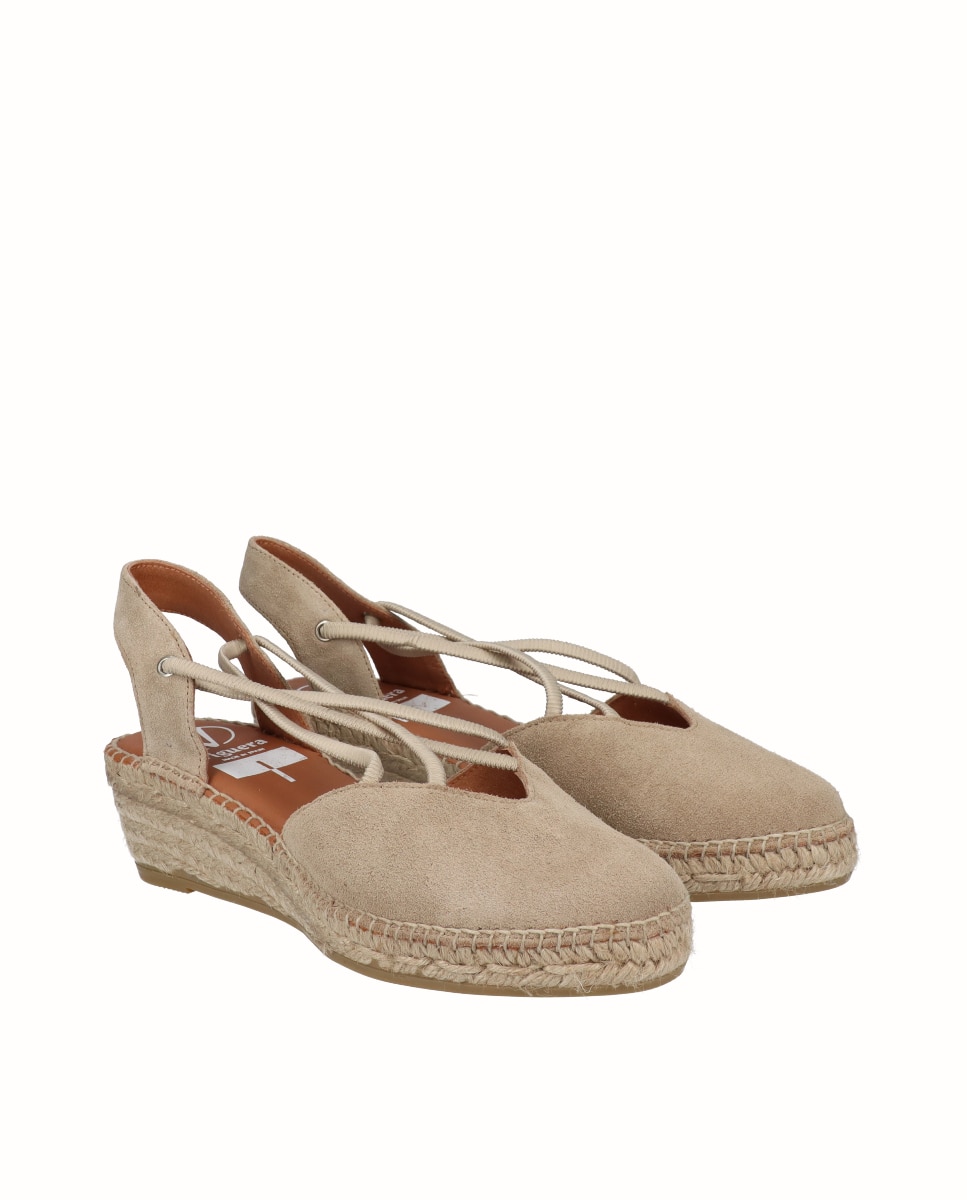 Alpercatas de Cunha em Pele com Decote em V Castanho-claro-2