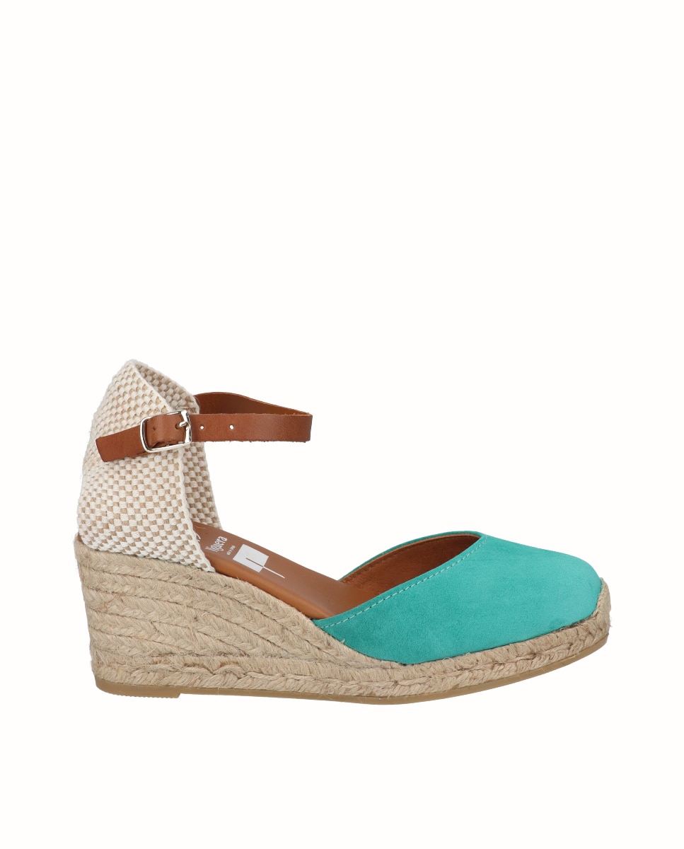 Alpercatas de Cunha em Pele com Tira no Tornozelo Verde-1