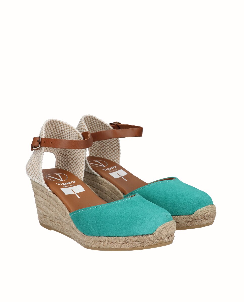 Alpercatas de Cunha em Pele com Tira no Tornozelo Verde-2