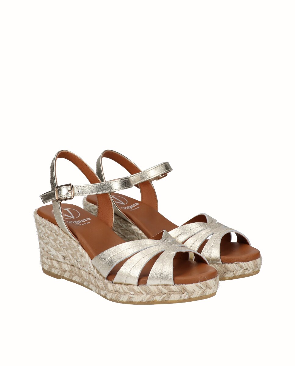 Sandálias de Cunha em Pele Ouro-2