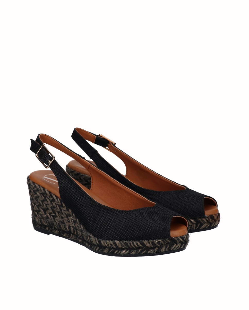 Alpercatas Peep Toes de Linho com Sola em Cunha Preto-2