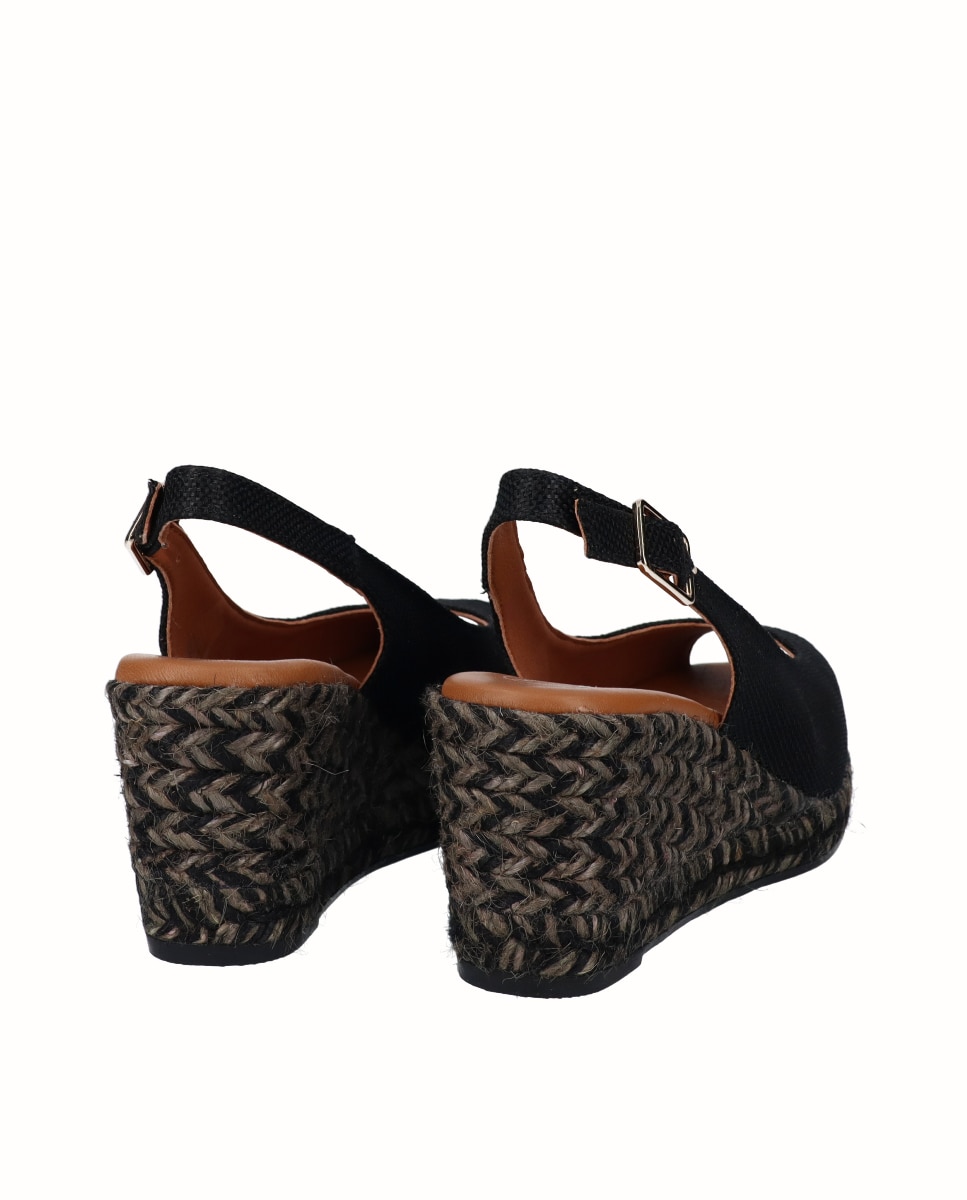 Alpercatas Peep Toes de Linho com Sola em Cunha Preto-3