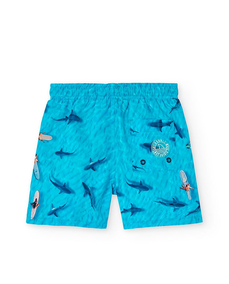 Fato de Banho Infantil Estampado com Cordão de Ajuste Turquesa-2