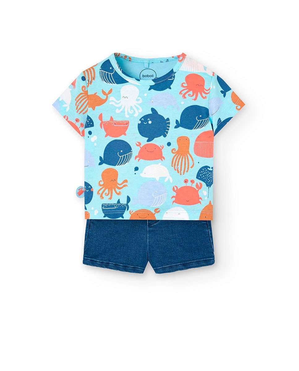 Conjunto para Bebé de T-shirt Estampada e Calções Boboli Verde Água-1