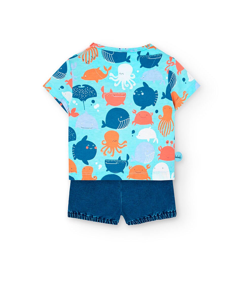Conjunto para Bebé de T-shirt Estampada e Calções Boboli Verde Água-2