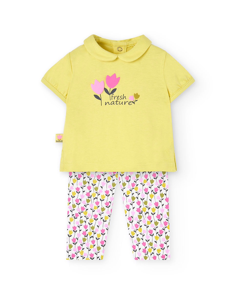 Conjunto para Bebé de T-shirt com Gola Tipo Camisa e Calças Estampadas Boboli Amarelo-1