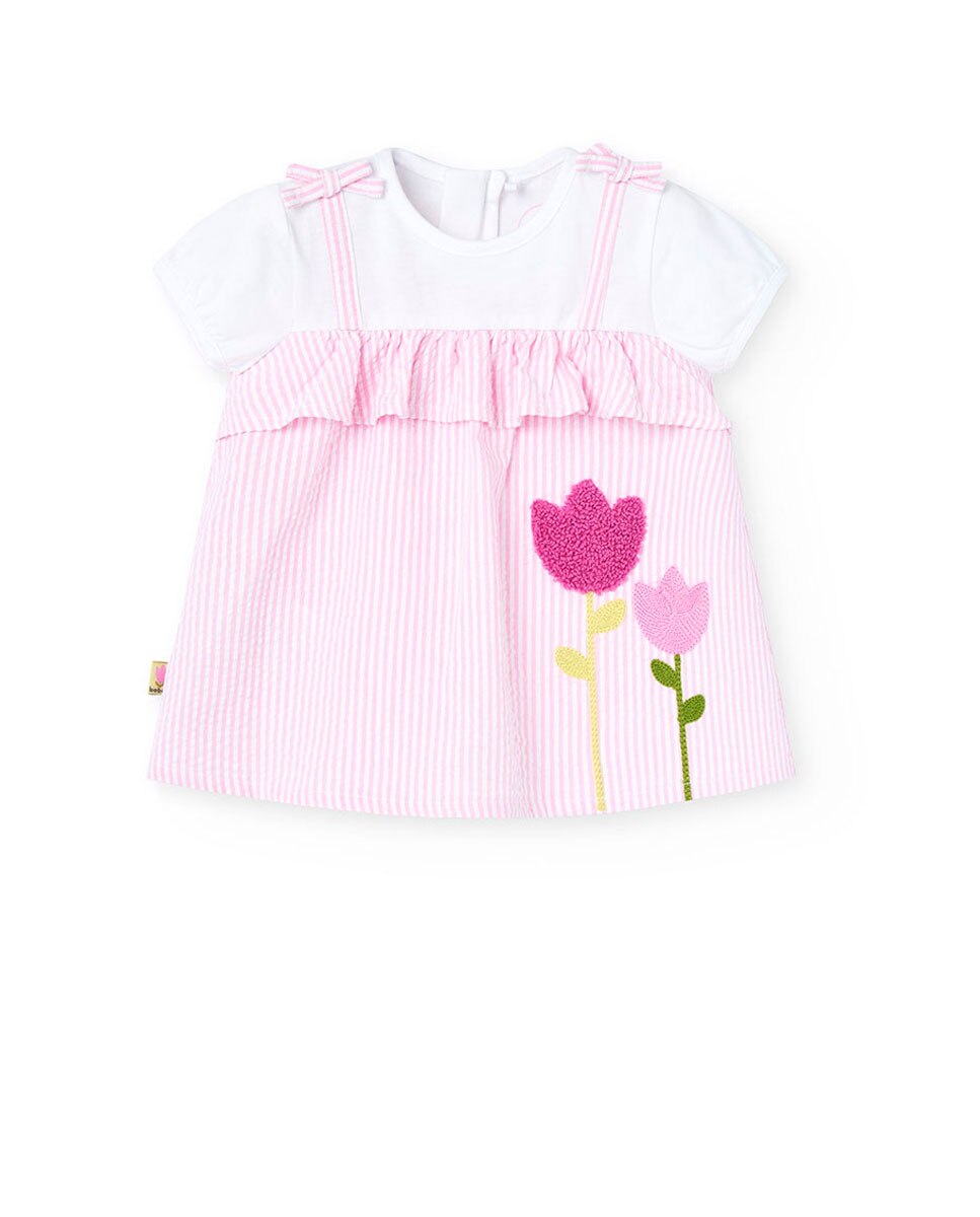 Vestido para Bebé Efeito 2 em 1 de Algodão com Estampado Às Riscas Rosa-1