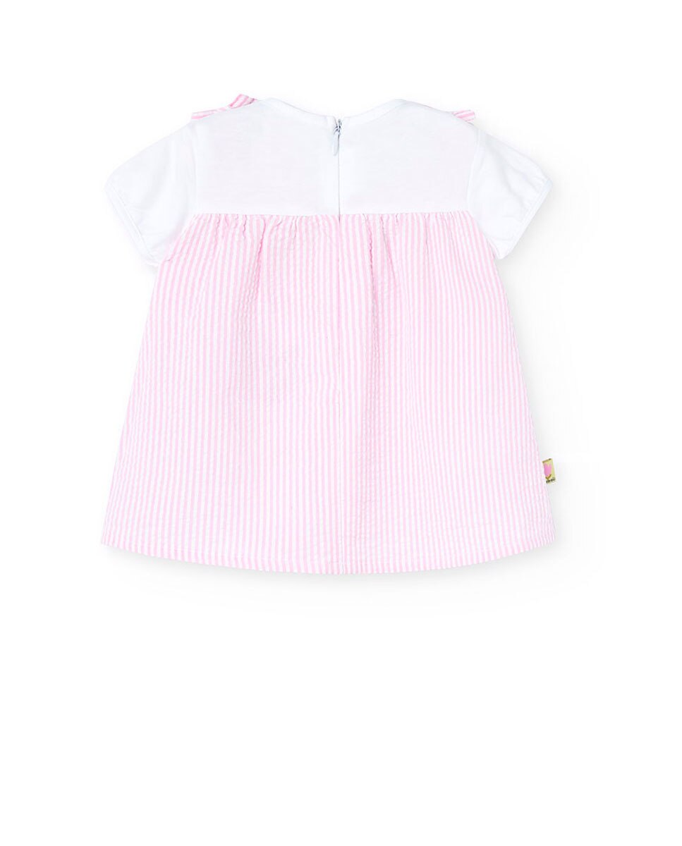 Vestido para Bebé Efeito 2 em 1 de Algodão com Estampado Às Riscas Rosa-2