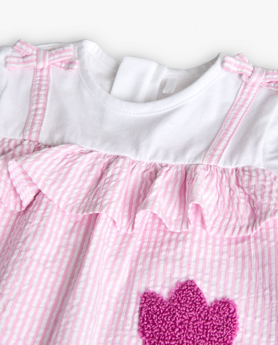 Vestido para Bebé Efeito 2 em 1 de Algodão com Estampado Às Riscas Rosa-4