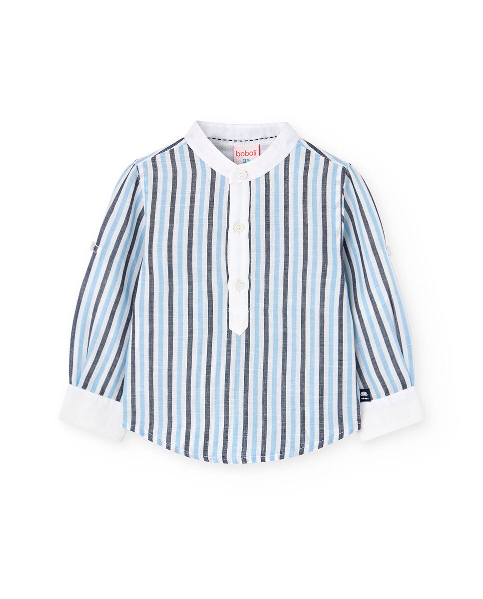 Camisa Infantil Às Riscas com Gola À Padre Azul-1